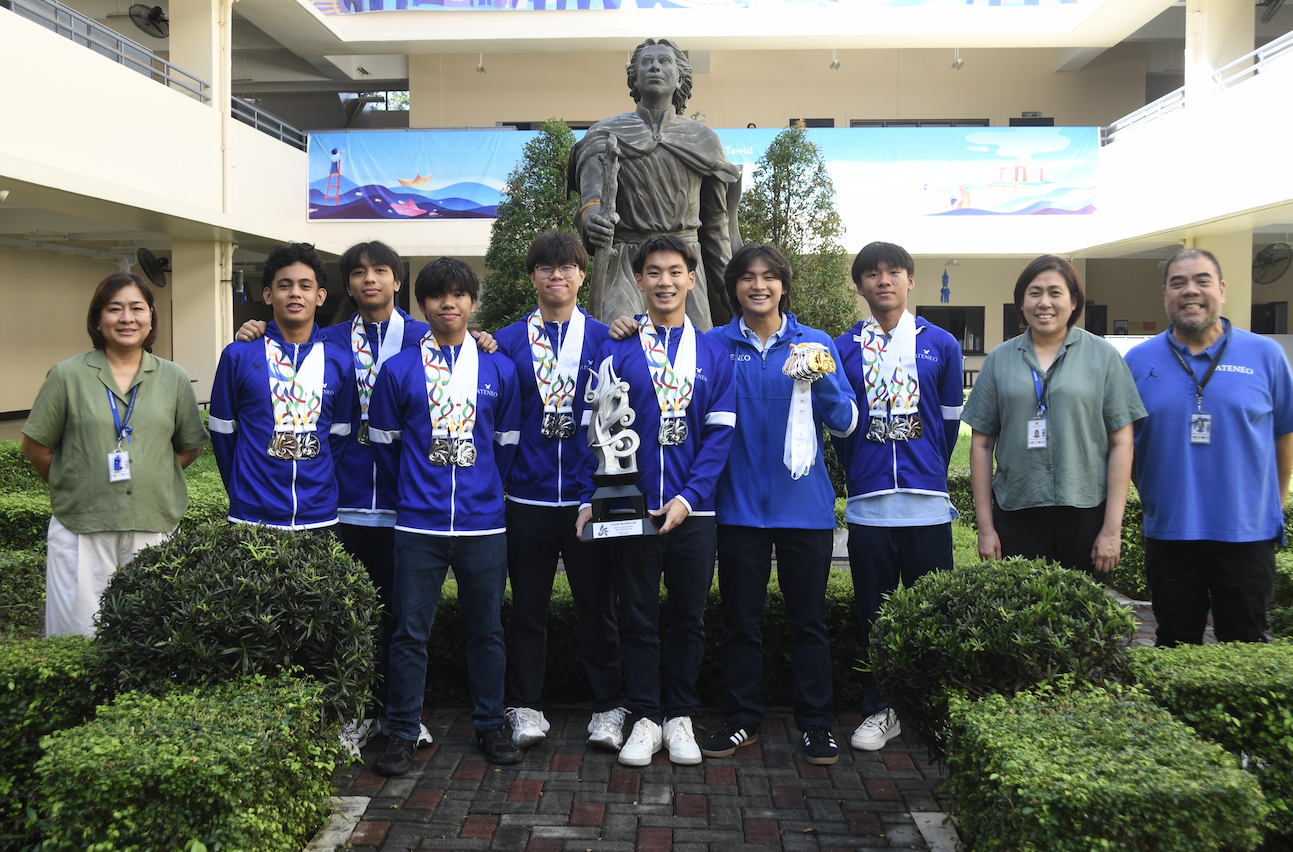 From left: Sansan Borja (Principal), Koosh Bascuña, Miguel Tungul, Zion Jalla, Thirdy Lentejas, Gabe Gaw (Team Captain), Miguel Martinez, Marcus Molino, Jen Concepcion (Assistant Principal for Formation), and JM Pilares (Athletics Coordinator). 