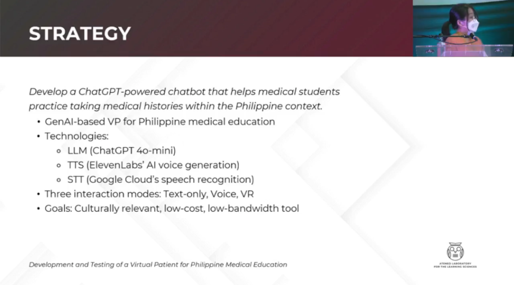 (Screenshot taken from the livestream) Ms. Almira Redoble presents the strategy taken for the development of the virtual patient.