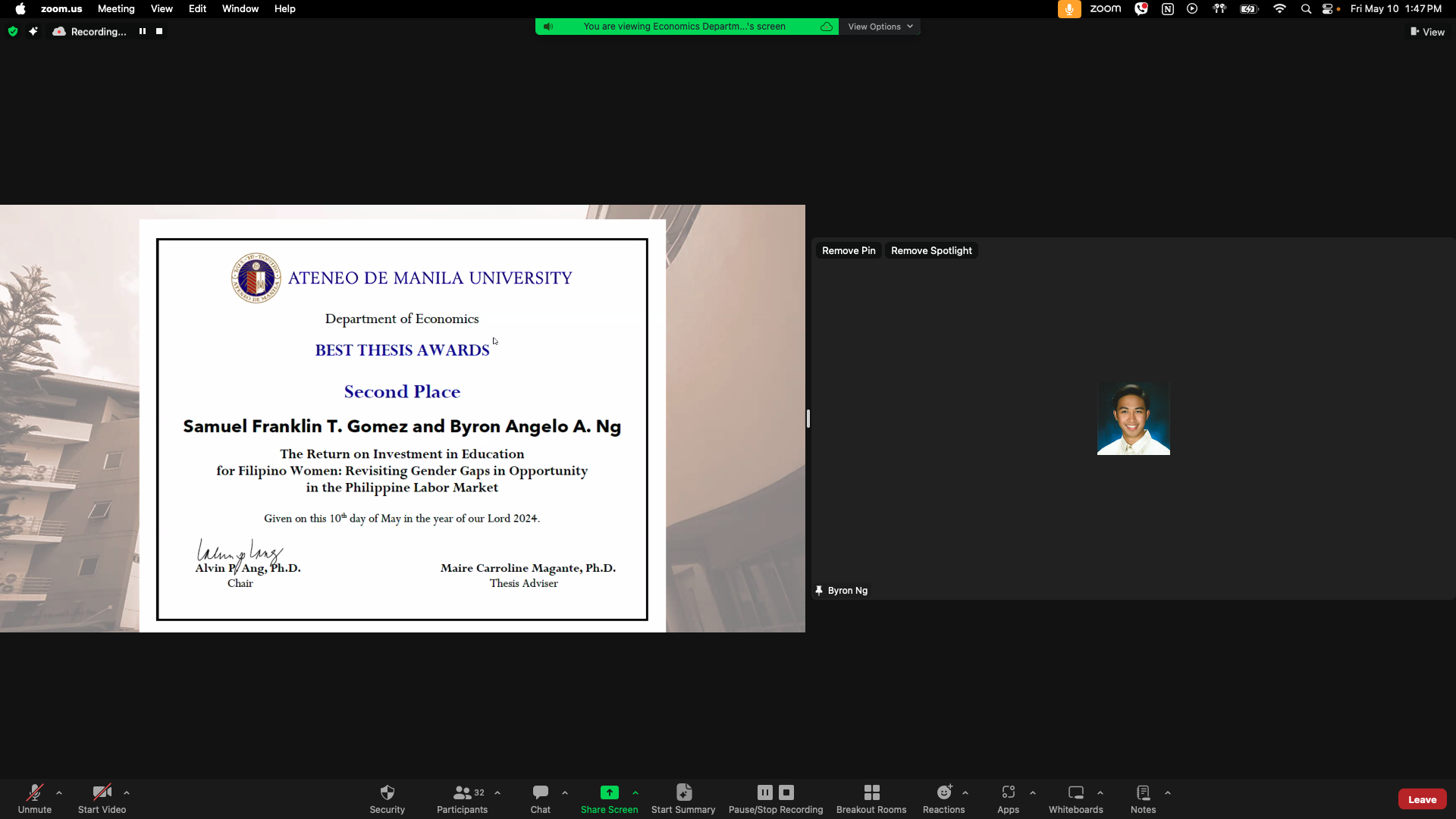 Securing the second spot were Samuel Franklin T. Gomez and Bryon Angelo A. Ng with their thesis titled "The Return on Investment in Education for Filipino Women: Revisiting Gender Gaps in Opportunity in the Philippine Labor Market." Their research shed light on the economic implications of education for Filipino women, highlighting the importance of addressing gender disparities in the workforce.