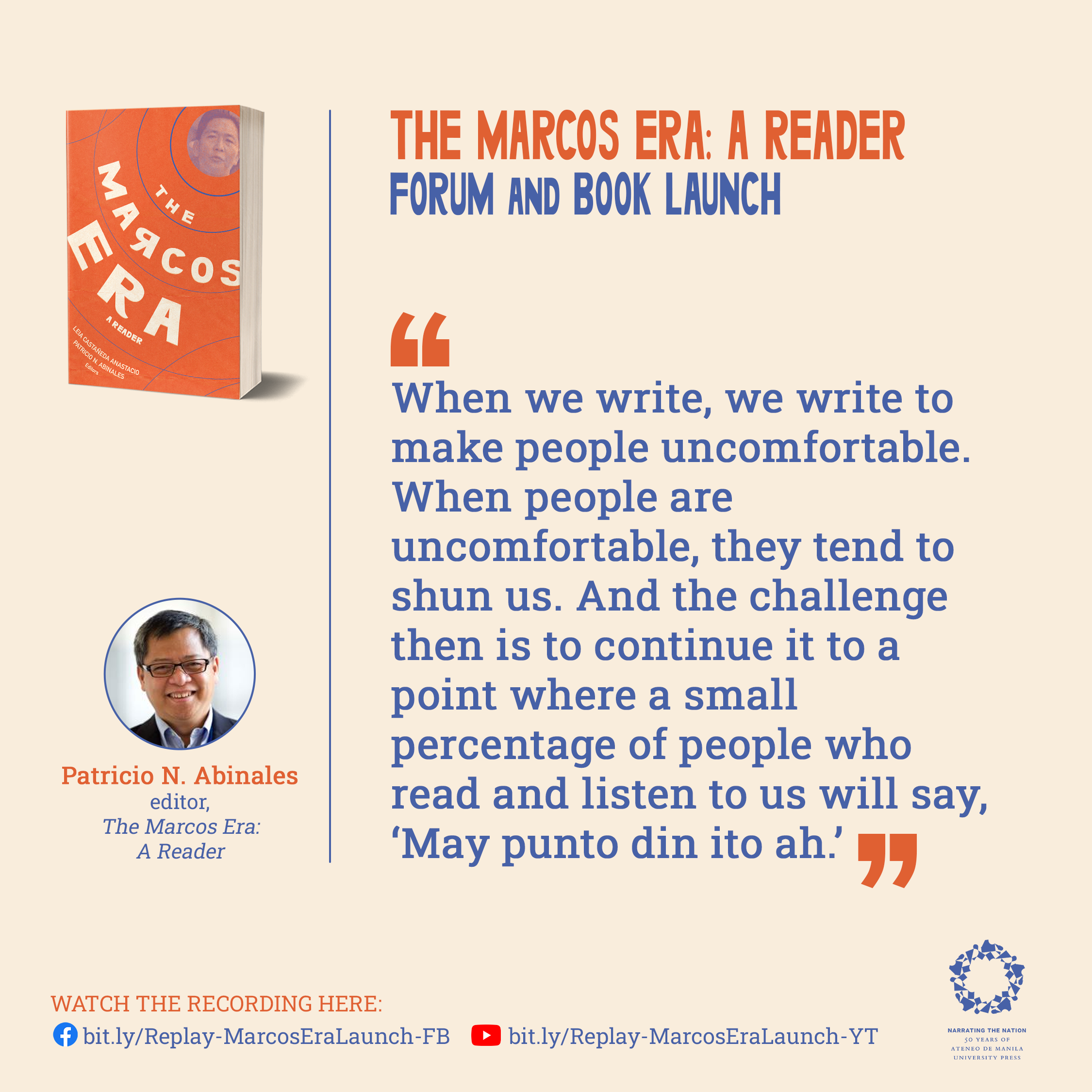 Editor Patricio Abinales said during the book launch that the anthology will inevitably cause discomfort, which may not be a bad thing.