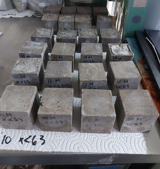 Blocks of freshly-cured geopolymer mortar made from Taal volcanic ash