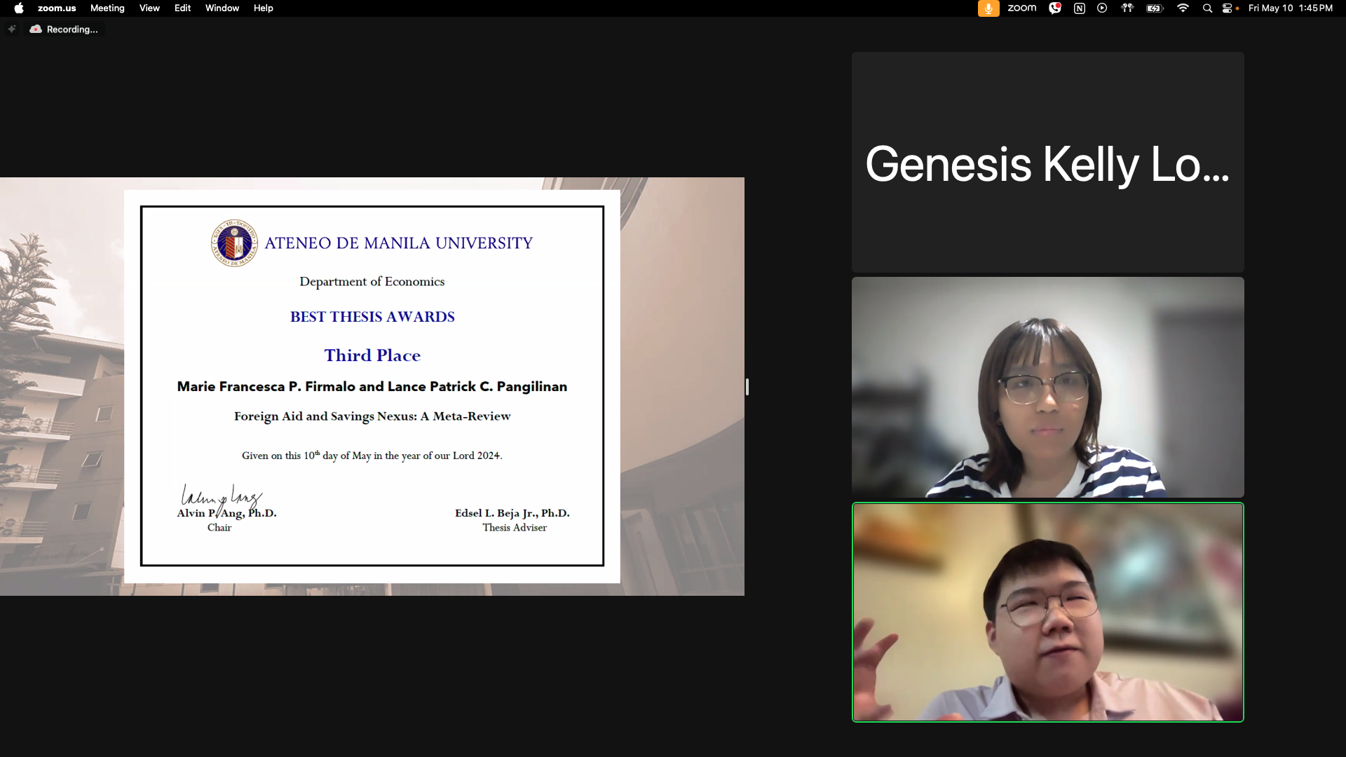 Lance Patrick C. Pangilinan and Maria Francesca P. Firmalo clinched the third spot with their thesis "Foreign Aid and Savings Nexus: A Meta-Review," offering a comprehensive analysis of the intricate relationship between foreign aid and savings, with implications for economic development strategies.