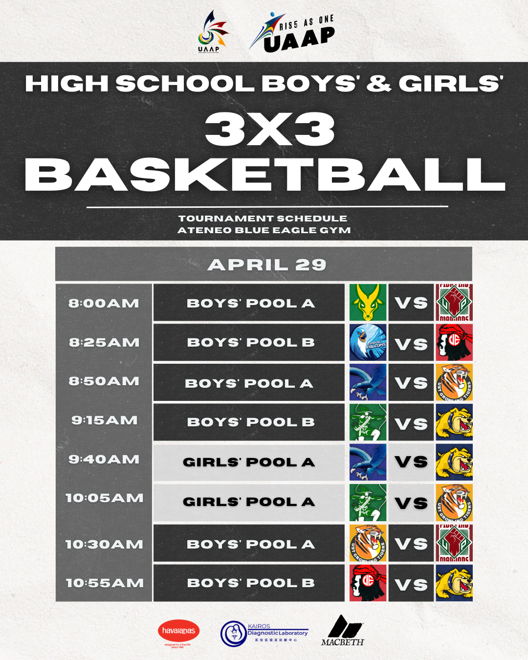 UAAP85 HS 3x3 Pool Play Schedule April 29 morning