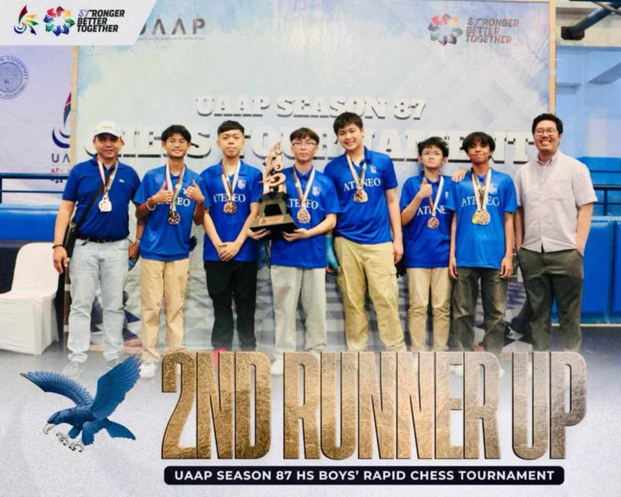From left: Coach Ildefonso Datu, Arjay Co, Luis Gutierrez, Aidan Mejia, Marc Fua, Yash Cayabyab, Pio Caro, Ateneo Chess Program Head Jan Emmanuel Garcia (who is also an International Chess Master) 