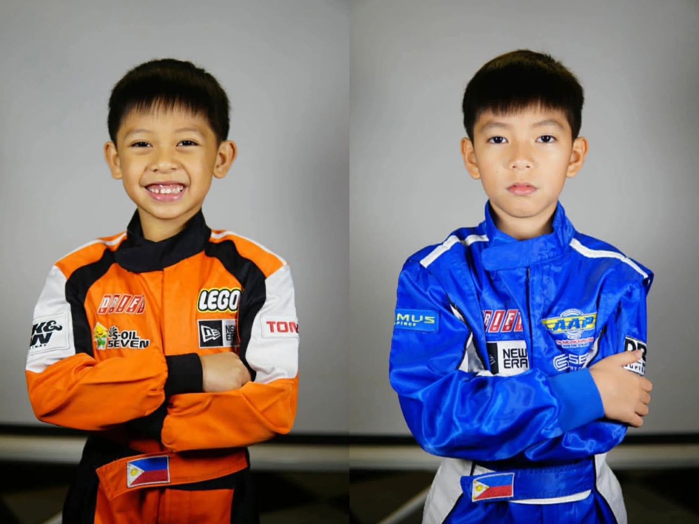 Enzo Bautista and Miguel Bautista in their racing suits