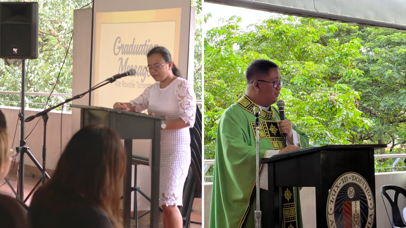 A collage showing two people speaking in front of the crowd. On the left is a girl in a white dress and glasses with her hair tied back. On the right is a priest in a green robe with glasses.