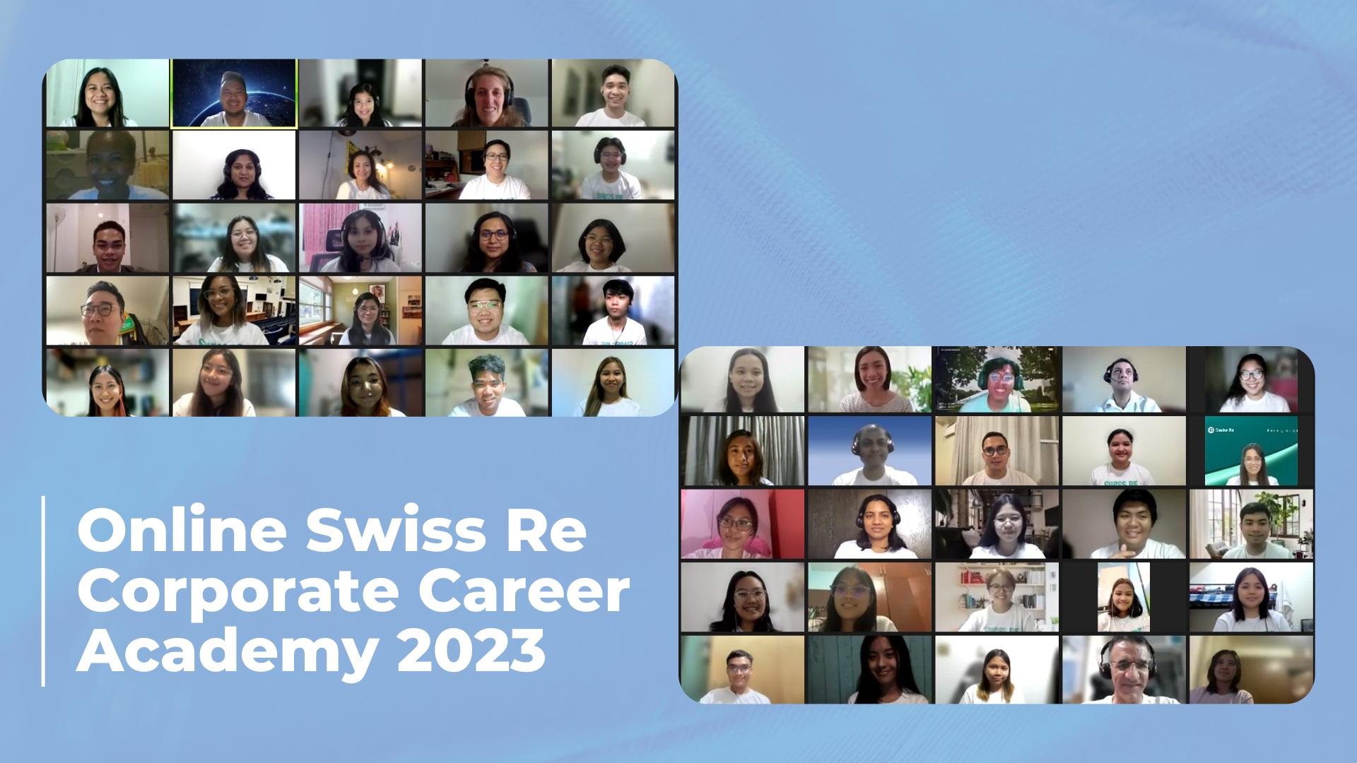 Pathways students, Aiducation International staff, Swiss Re staff, and corporate guests pose in this screenshot of the Zoom call.