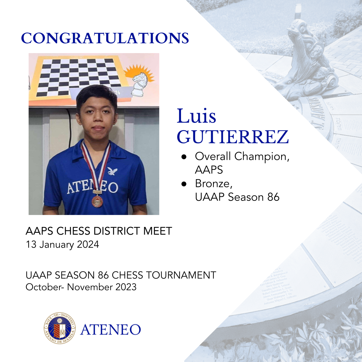 AAPS overall champion for chess Luis Gutierrez 