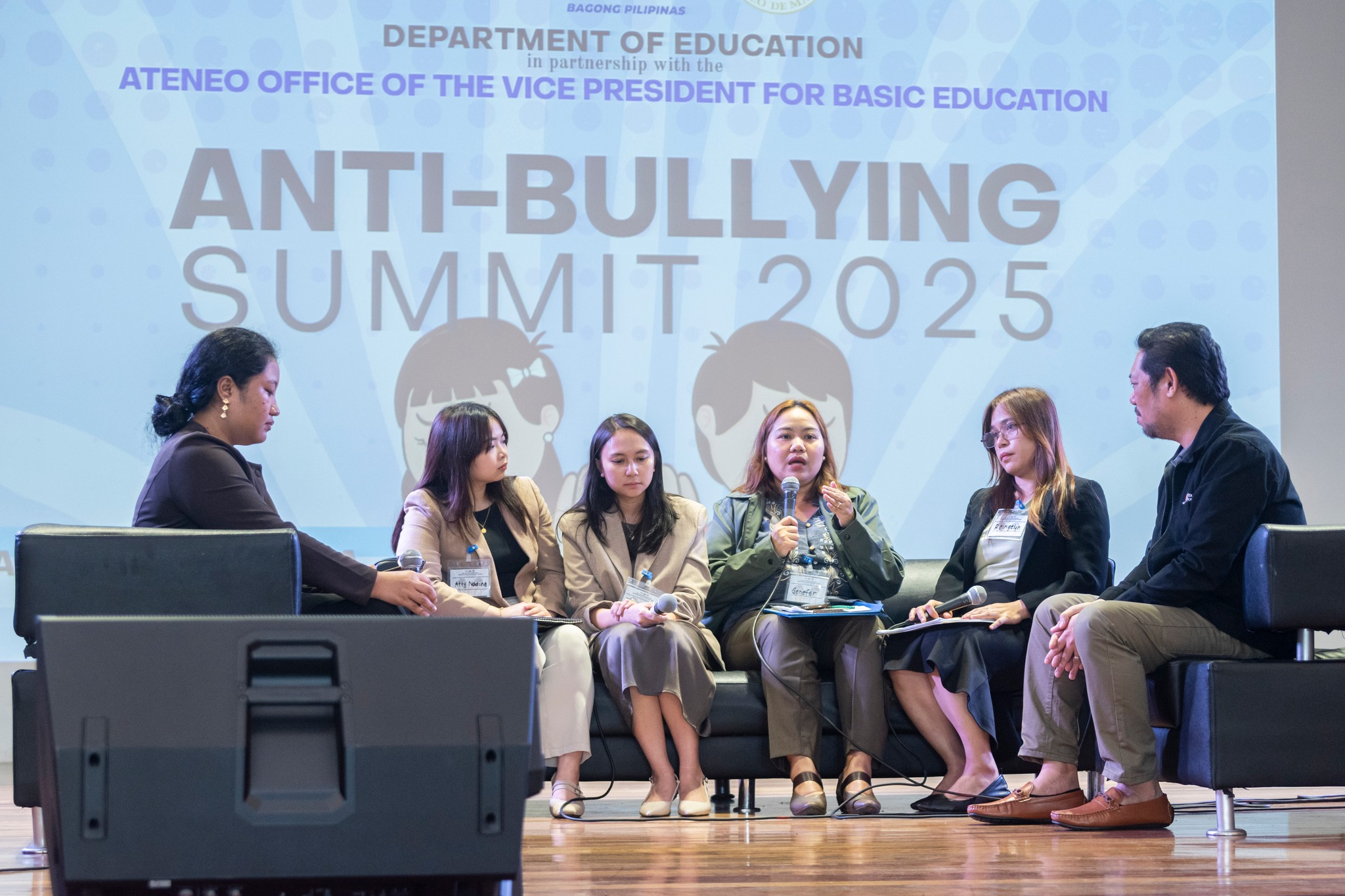 Ms Genefer Bermundo (third from right), Head Teacher of Batasan Hills National High School, shares a point during the first panel discussion. With her are (from left) Ms Jemima Relos, Atty Nadine Ong, and Atty Mica Pleyto of DepEd, Ms Reingelyn Donato of Concepcion Elementary School, and Mr Ace Diloy of Stairway Foundation