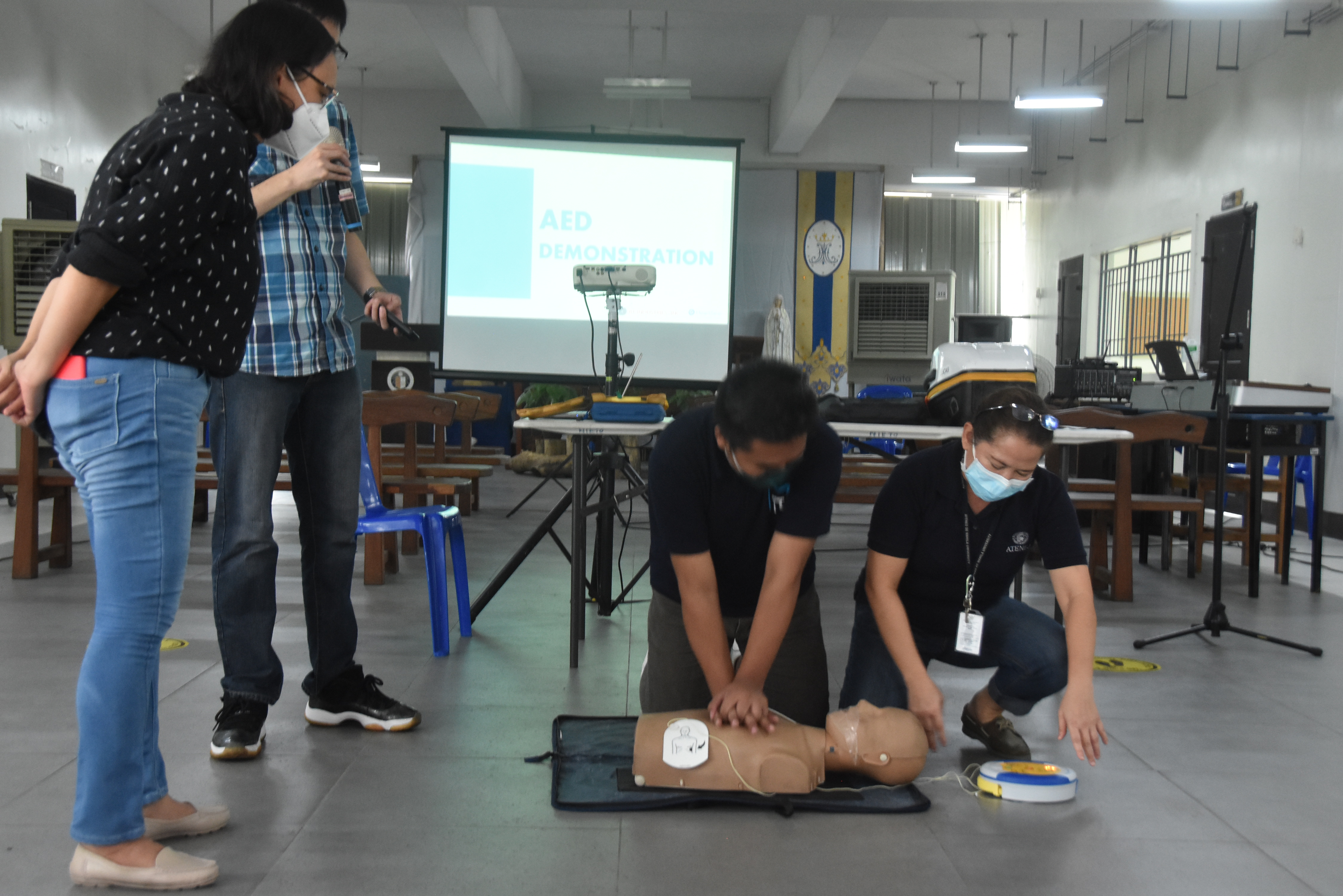 The AED provided first-aid for individuals who suffer sudden cardiac arrest.