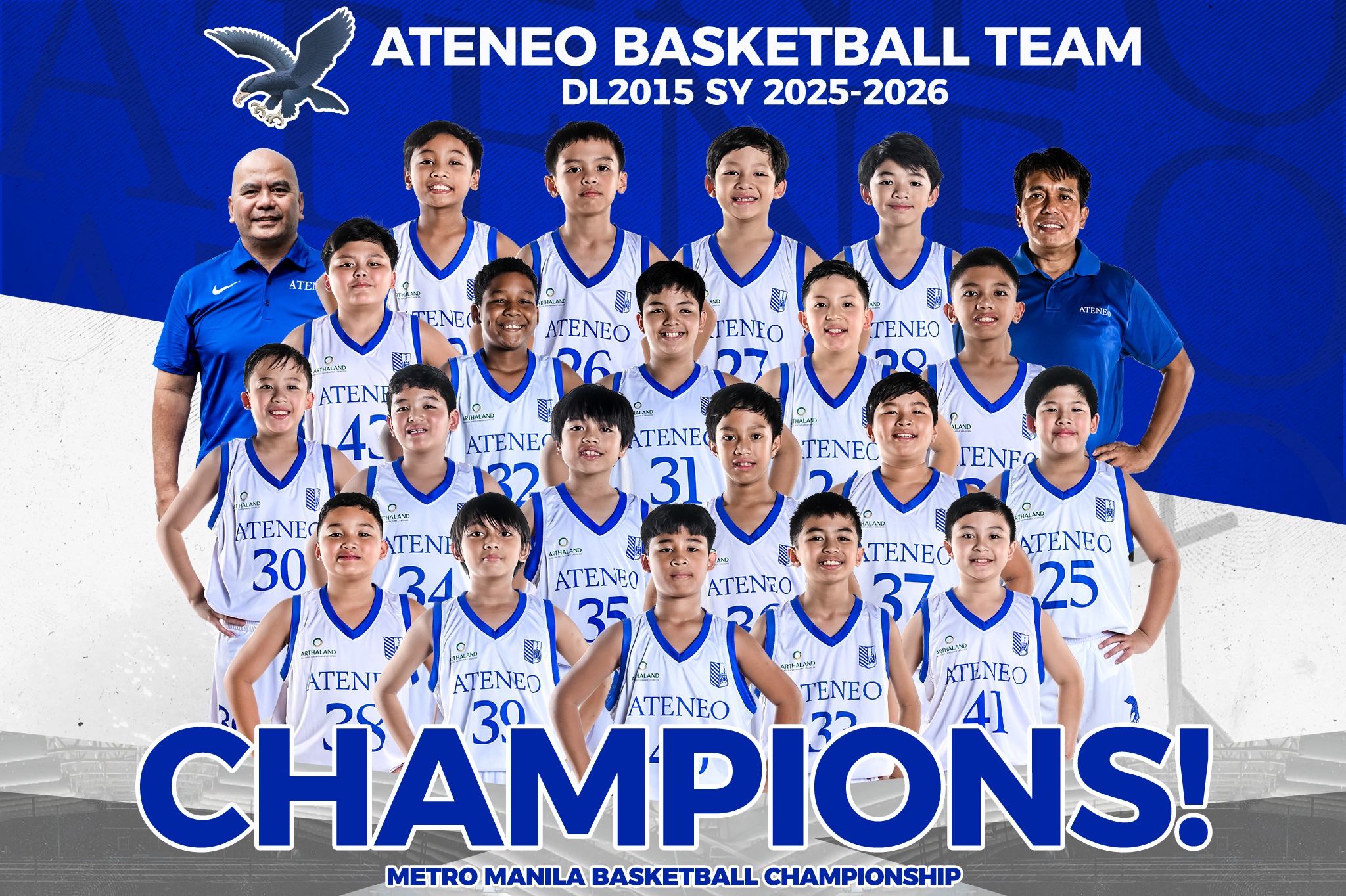 Front row from left: Kean Suarez, Alex Manlapaz, Harvi Cipriaso, Pablo Tadeo, Nixon Lansangan; second row from left: Joaquin Palma, Seth Enrique, Avery Cordova, Luke Ureta, Tyler Serafica, Legend Quimpo; third row from left:  AR Arbison, Alfonso Rodriguez, Sumter Enrique, James Dolera, Thirdy Sañosa; back row from left: Sieg Villanueva, Kent Dominguez, Basti Castro, Marco Saplala, Justin Dua, Ronald Perada