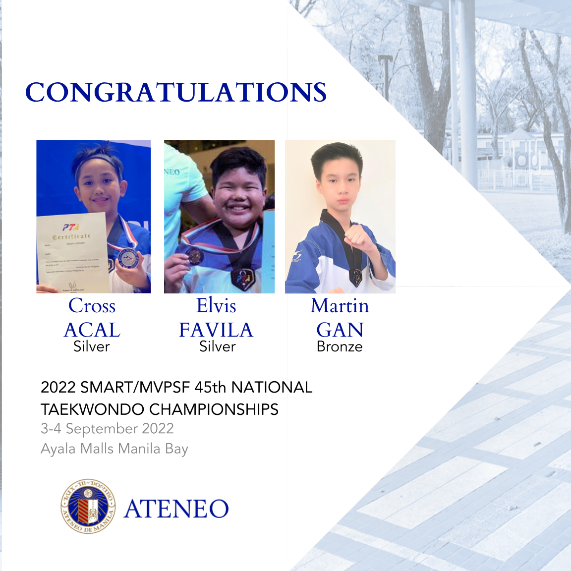 TKD medalists Cross Acal, Elvis Favila, and Martin Gan