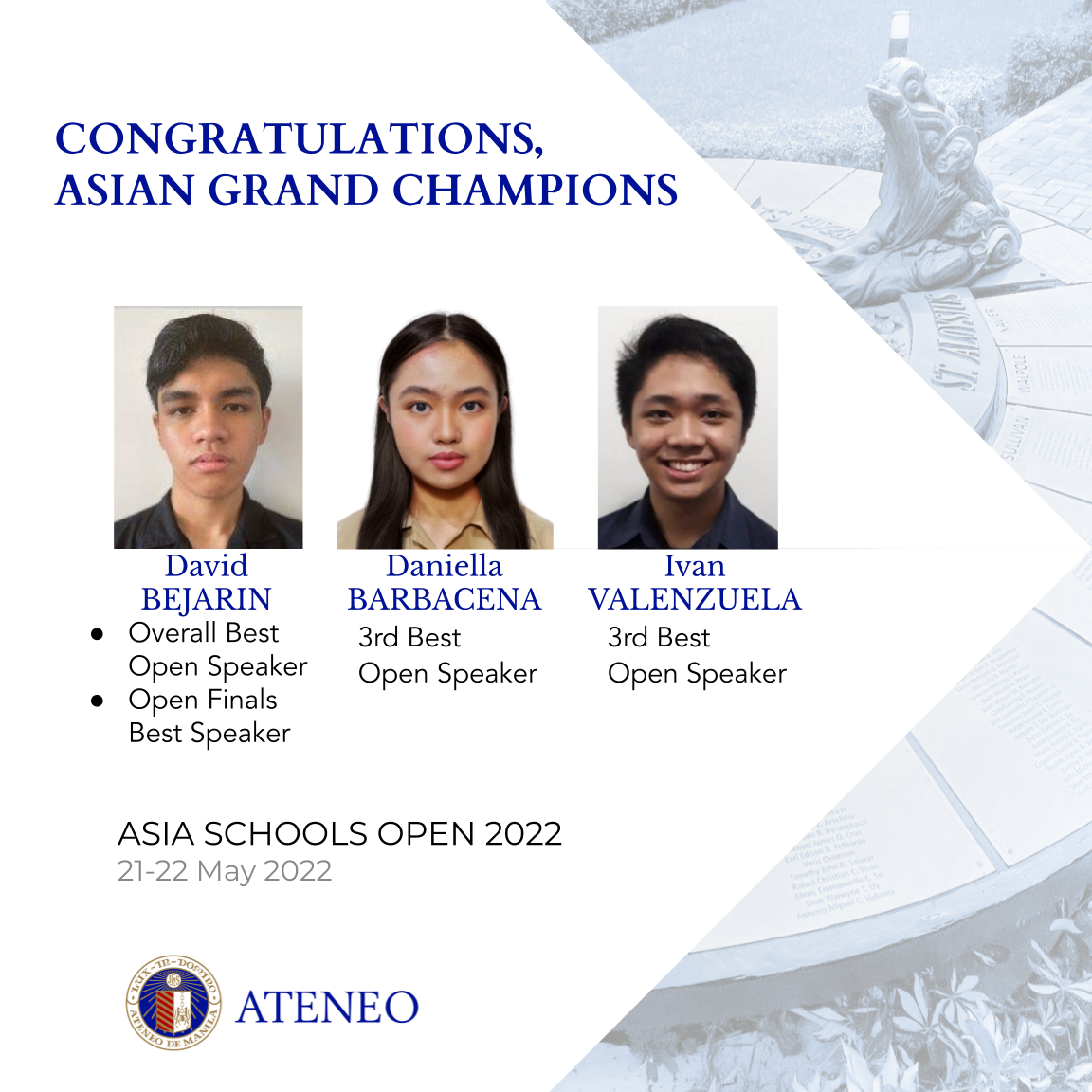 Asian schools debate champions David Bejarin, Daniella Barbacena, and Ivan Valenzuela