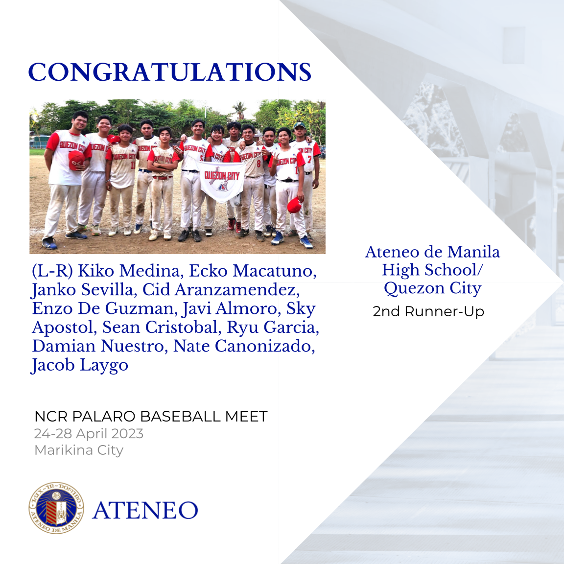 The Ateneo de Manila/Quezon City baseball team placed 3rd in the 2023 NCR Palaro Meet. 