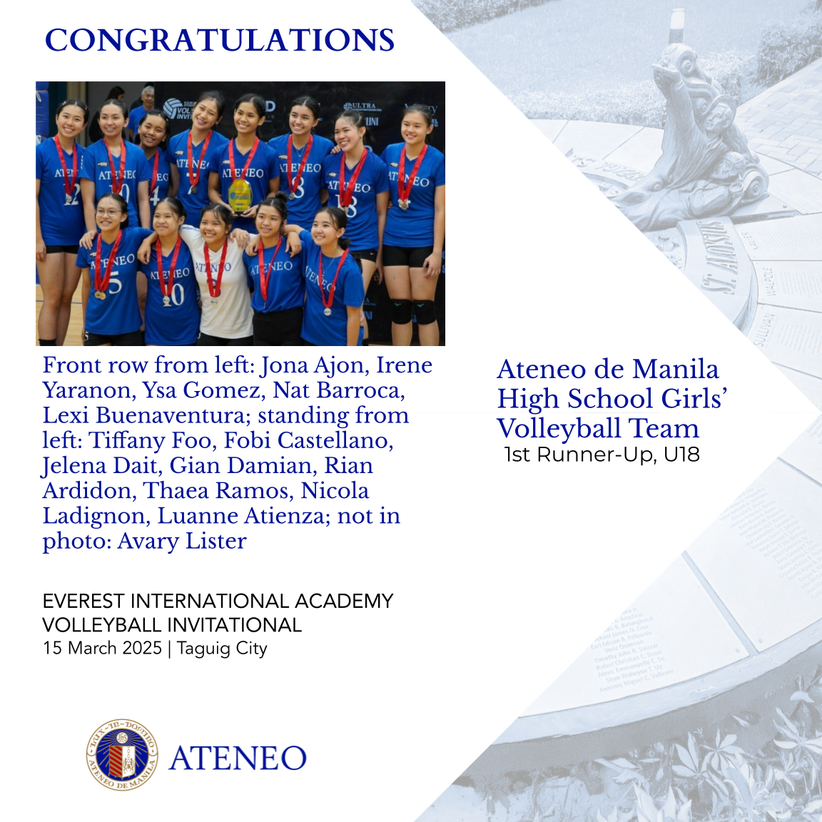 The Blue Eagles are the Everest Volleyball U18 tournament's 2nd placers