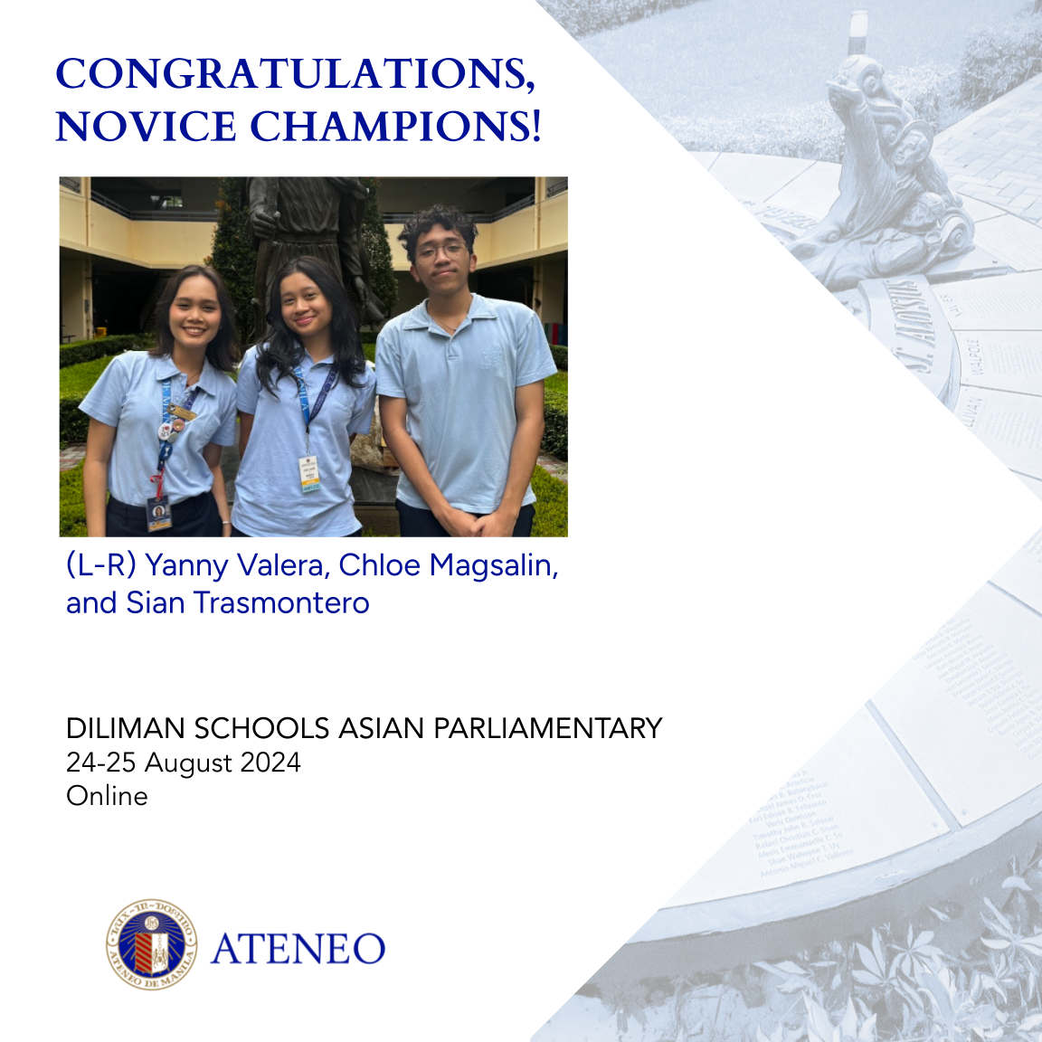 DSAP Novice Champions Yanny Valera, Chloe Magsalin, Sian Trasmontero