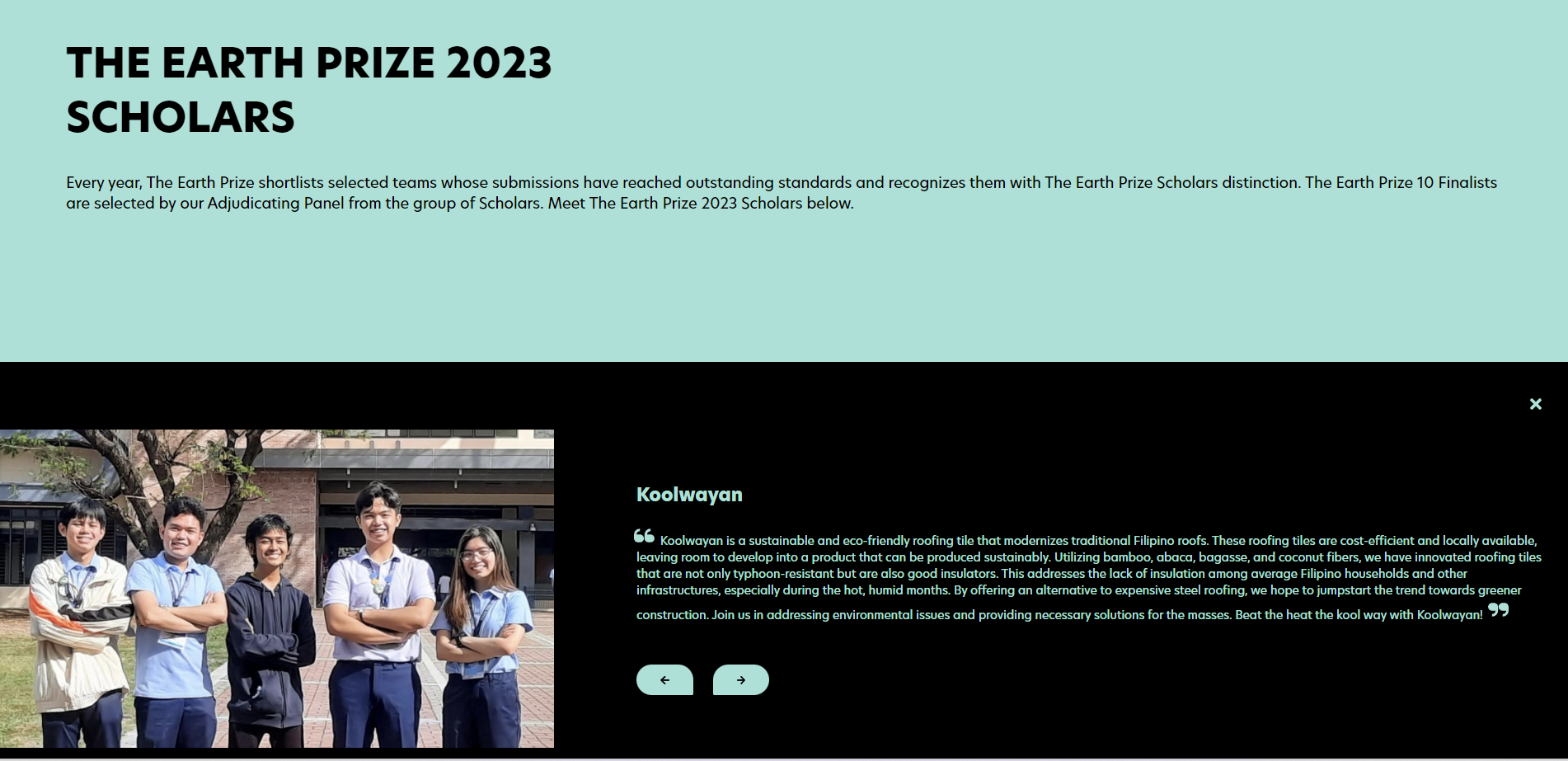 Screenshot of the "Koolwayan" team and their project's description as seen in The Earth Prize website.