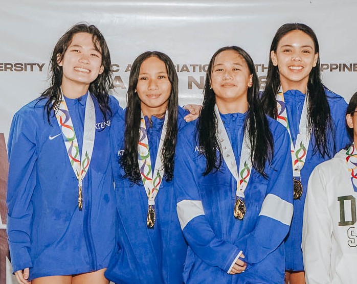 Gold medalists for the 4×100m Medley Relay (from left) Mikaela Lim, Ally Tondo, Simone Cruz, Trixie Ortiguera,
