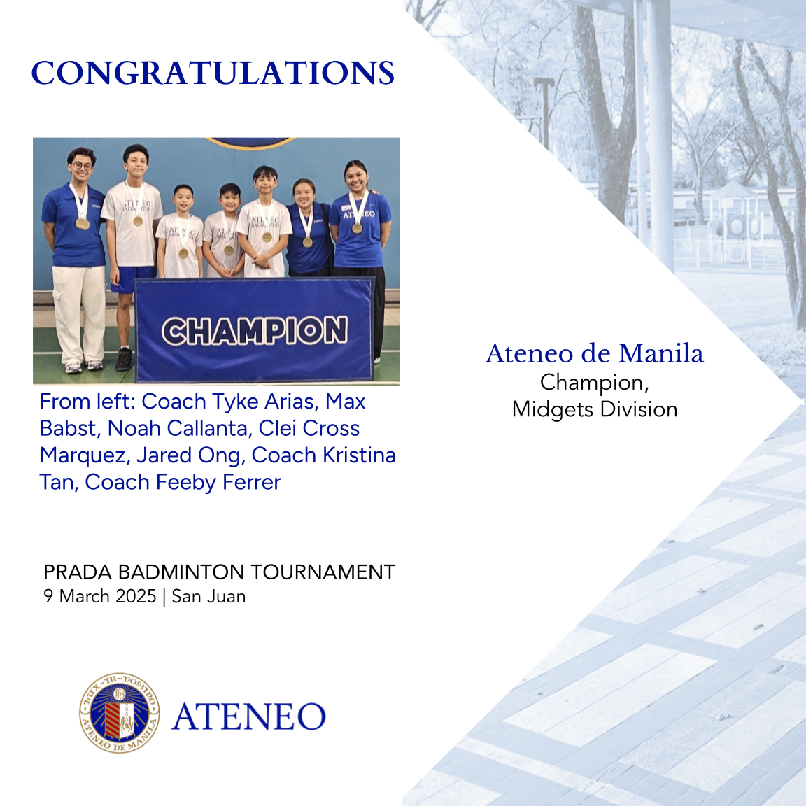 PRADA badminton champions of the Midgets Division  