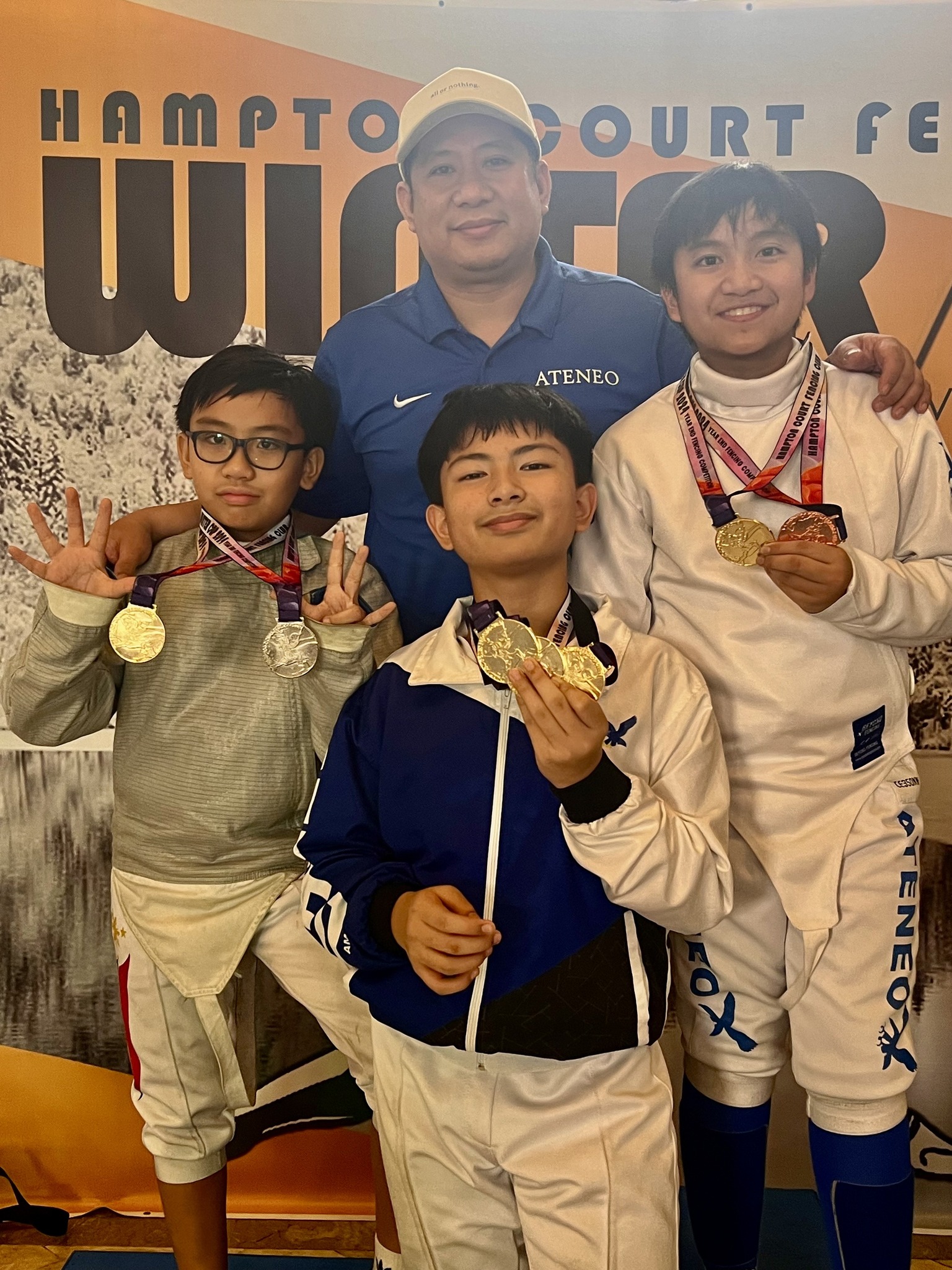 Clockwise from top: Coach Edward Daliva, Eliam Mojica, Aidan Taguinod, Trent Ignacio 