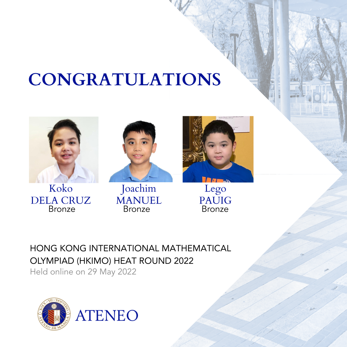 HKIMO PH round bronze awardees Koko Dela Cruz, Joachim Manuel, and Lego Pauig