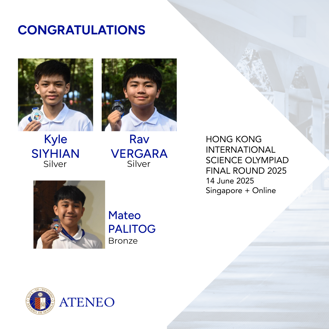 HKISO final roond medalists Kyle Siyhian Rav Vergara and Mateo Palitog 