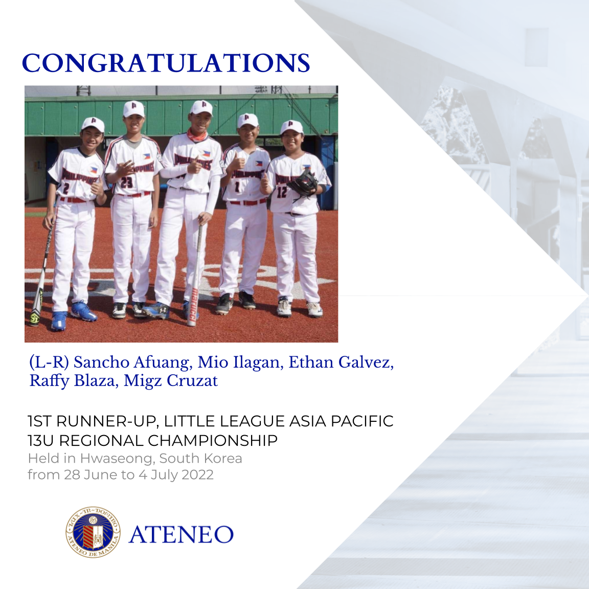 These five Ateneans helped Team Philippines place 2nd in the Little League Asia Pacific 13U regional championships. 