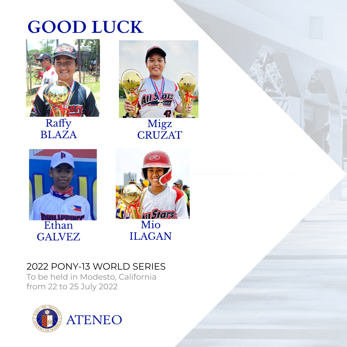 Blaza, Cruzat, Galvez, and Ilagan are currently in the US to represent Manila, Philippines in the 2022 Pony-13 World Series. 