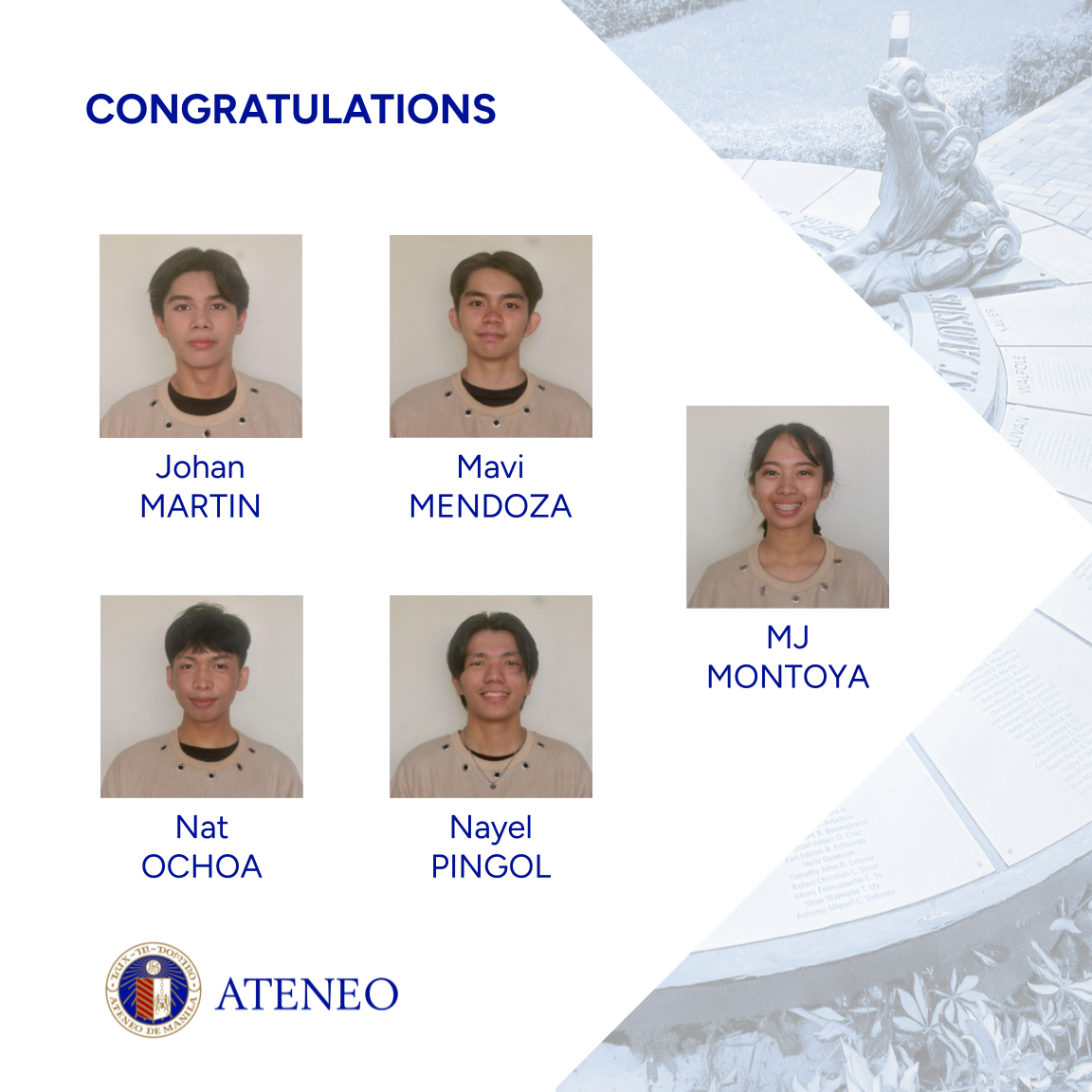 Johan Martin (11-Tsuji),  Mavi Mendoza (12-Navarro),  MJ Montoya (11-San Vitores),  Nat Ochoa (11-Grande),  Nayel Pingol (12-Walpole), 