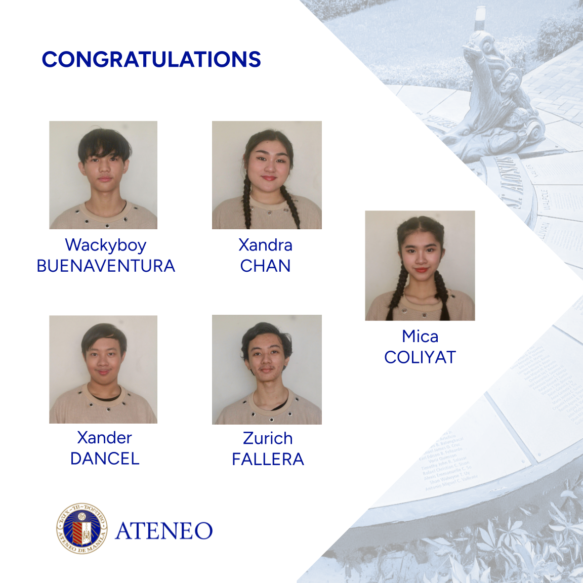 Wackyboy Buenaventura (11-Hurtado),  Xandra Chan (11-Wright),  Mica Coliyat (11-Angelis),  Xander Dancel (11-Borja),  Zurich Fallera (12-Sullivan), 