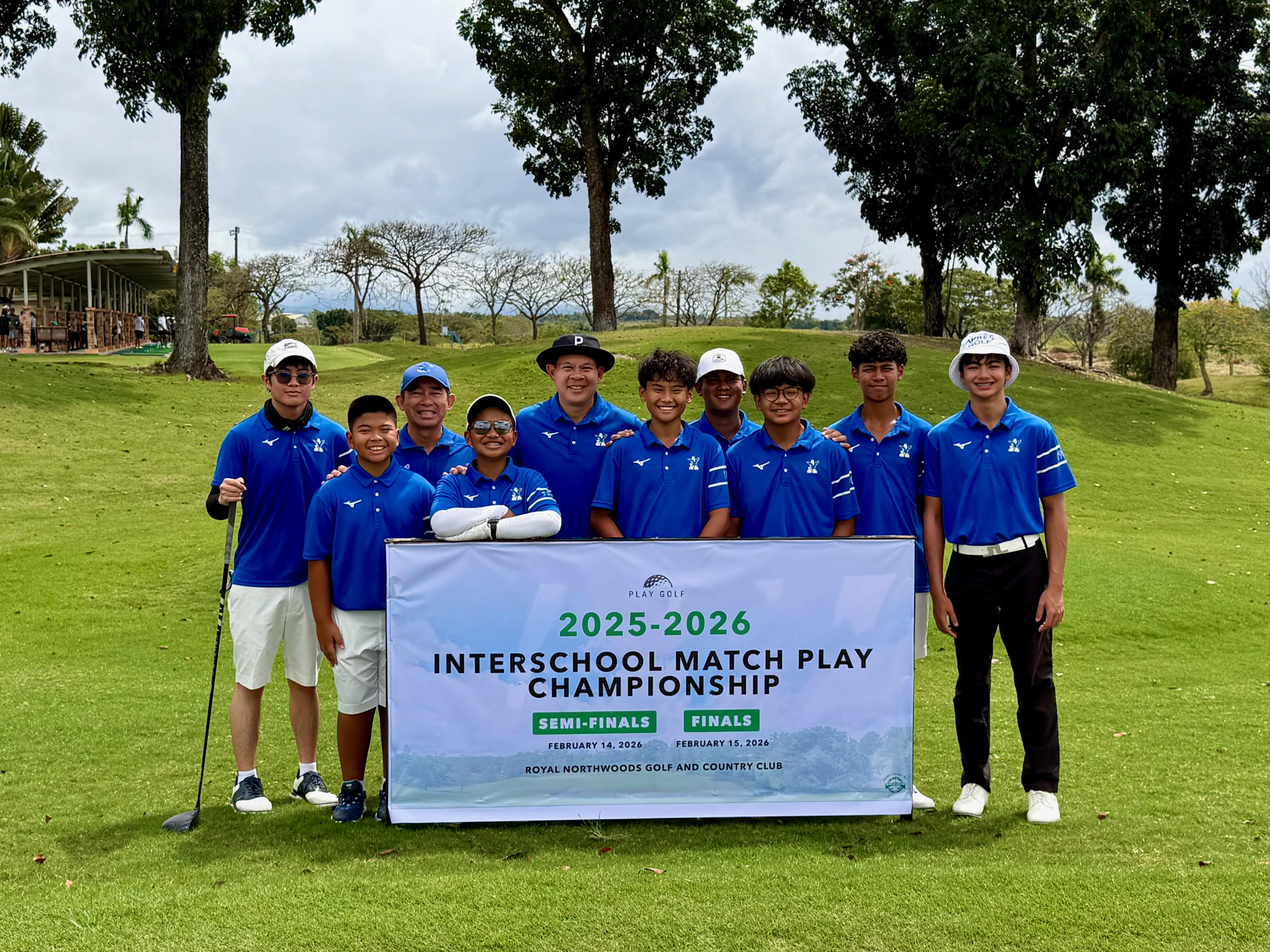 The Ateneans who competed in the final round. From left: James Carlos (singles), Luis Espinosa (singles), AGS Coach Jong Castañeda, Race Manhit (Aggregate), AHS Coach Marty Ilagan, Juanton Cruz (Aggregate), Rajah Crisostomo (Best Ball), Iñigo Gallardo (Hi-Low), Lujo Gomez (Hi-Low), Milo Pastor (Best Ball) 