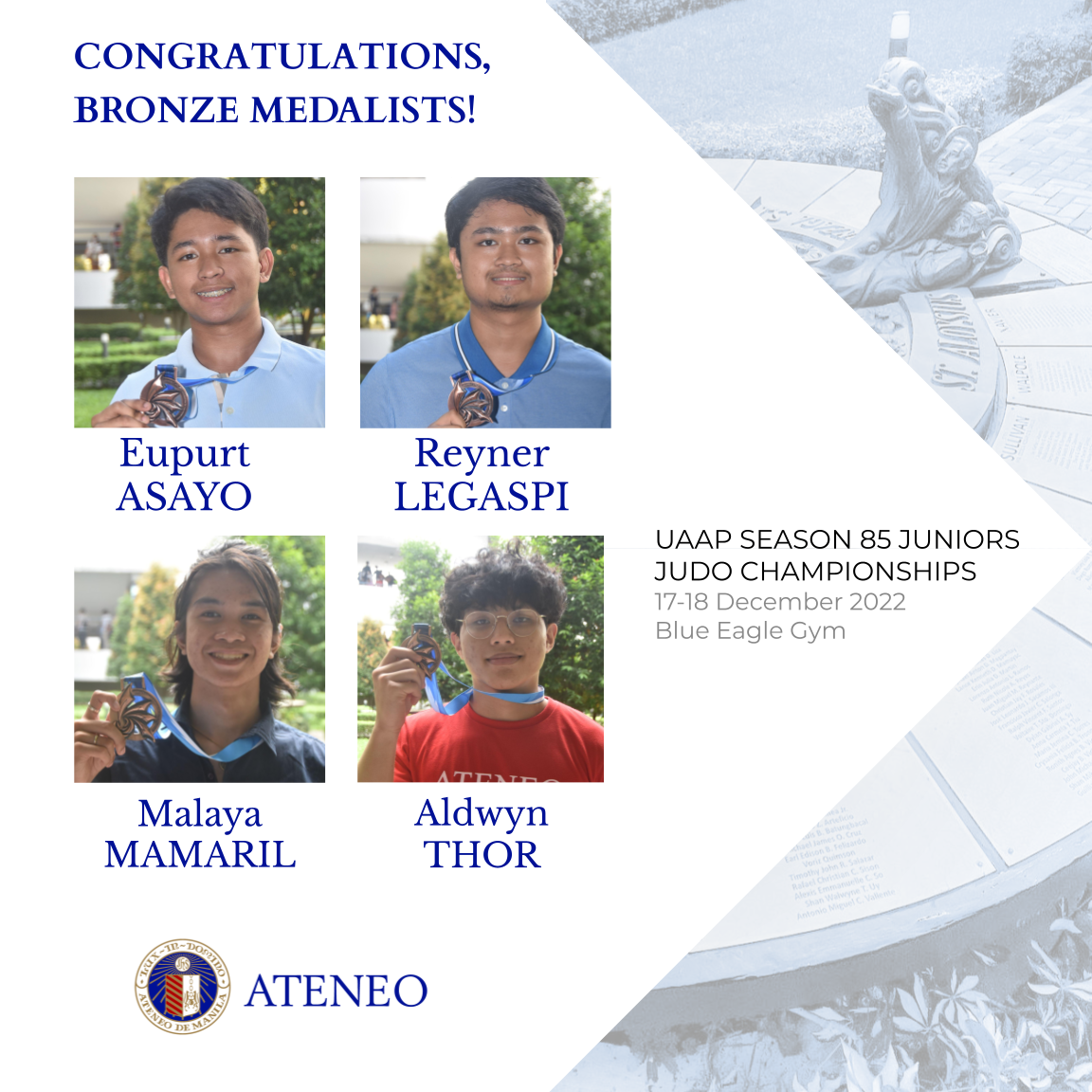Four ASHS judokas each won bronze in the UAAP 85 boys' judo championships. 