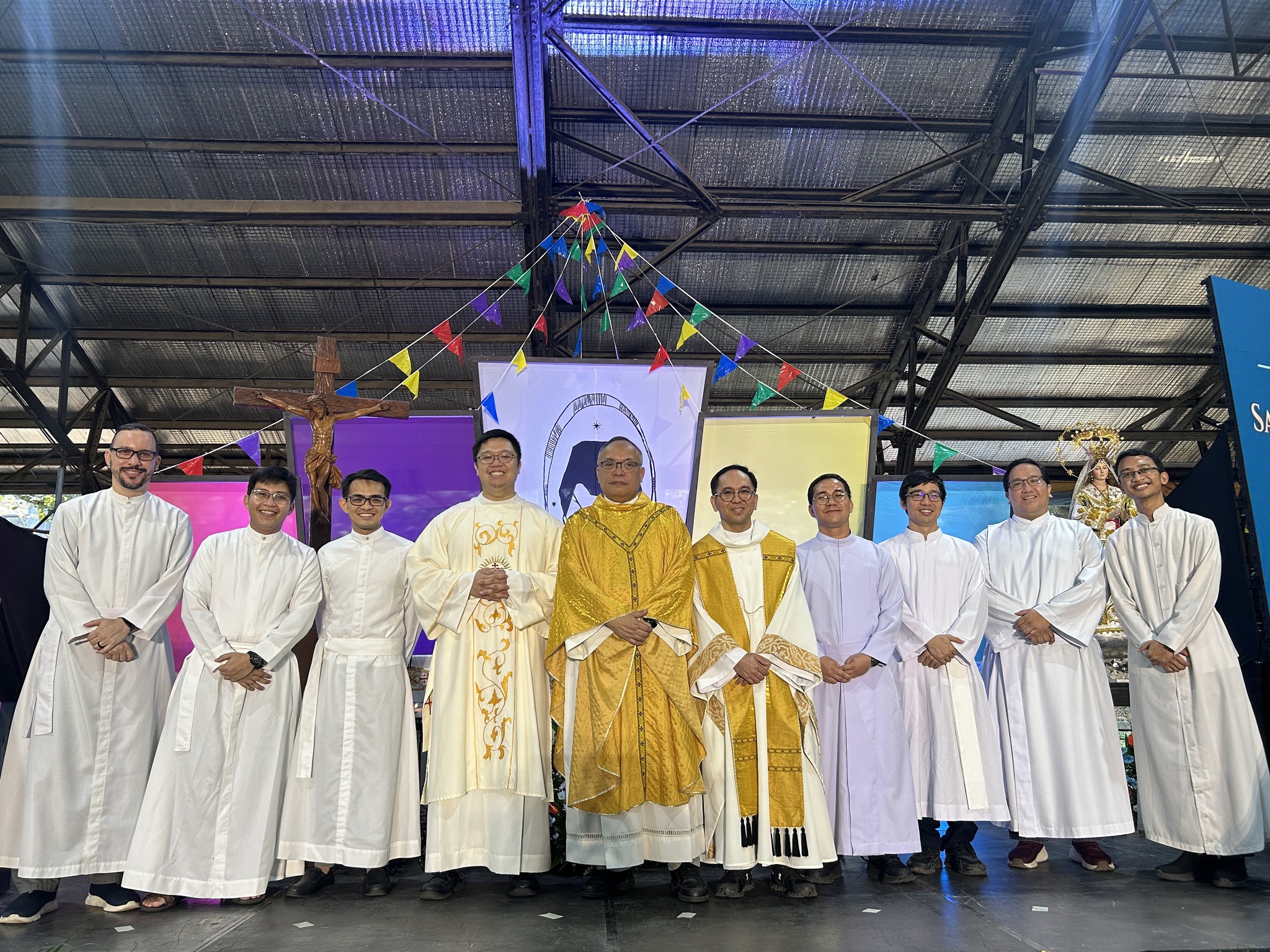 Present for the AJHS Kostka Feast Day Mass were (from left) Bro Carlos Cesar Barbosa SJ, Bro Adrian Pobre SJ, Bro Rex Coz SJ, Rev Deacon Bien Cruz SJ, Rev Fr Jonjee Sumpaico SJ (Main Presider), Rev Fr Mamert Mañus SJ (AJHS Chaplain), Bro Jakkraphong Sriamnuaichok SJ, Bro Thomas A Tran Ba Nhat SJ, Bro. Daven Manubag SJ, and Bro Laurencius Rony Andriyanto SJ.