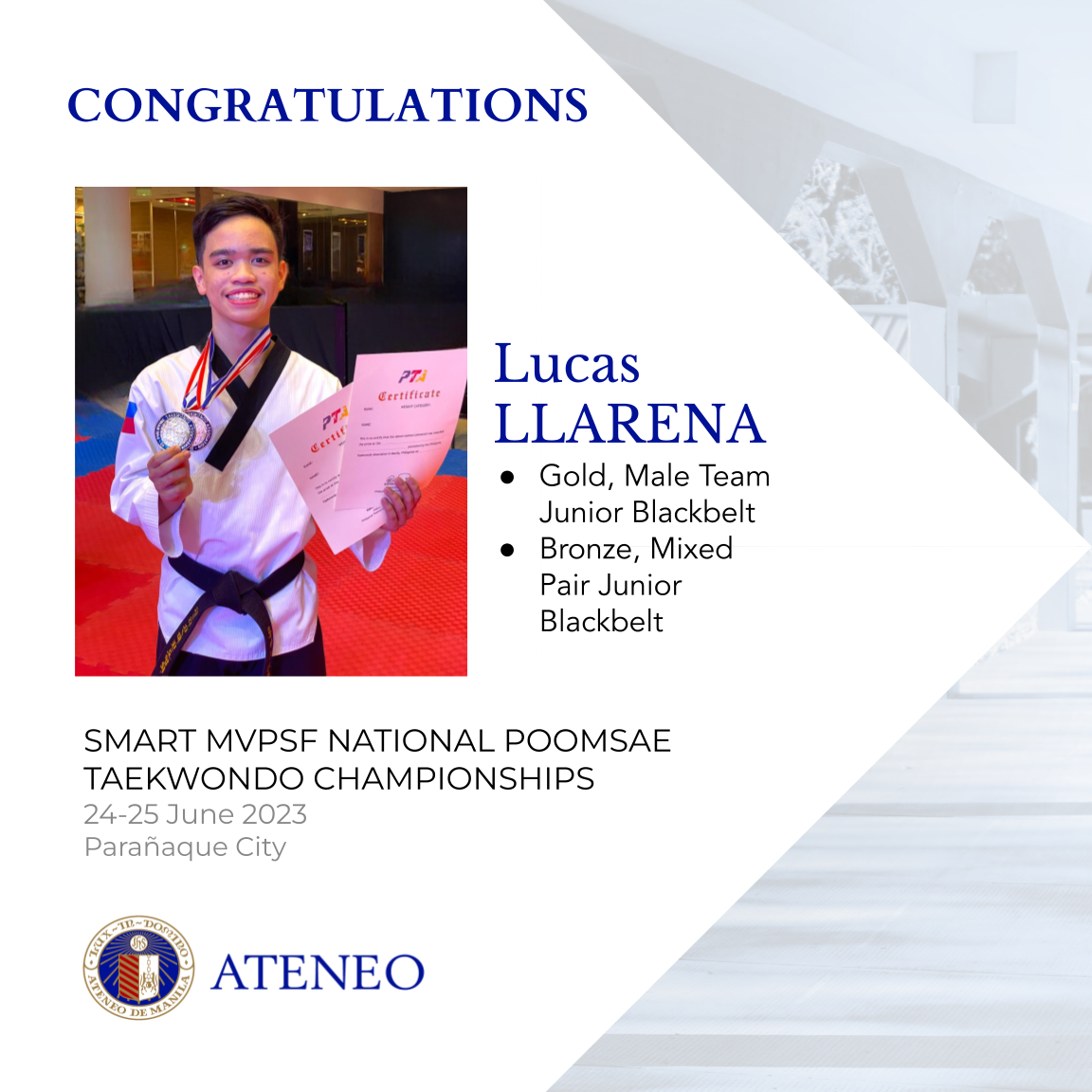 Lucas Llarena won a gold and a bronze at the 2023 National Poomsae Taekwondo Championships. 
