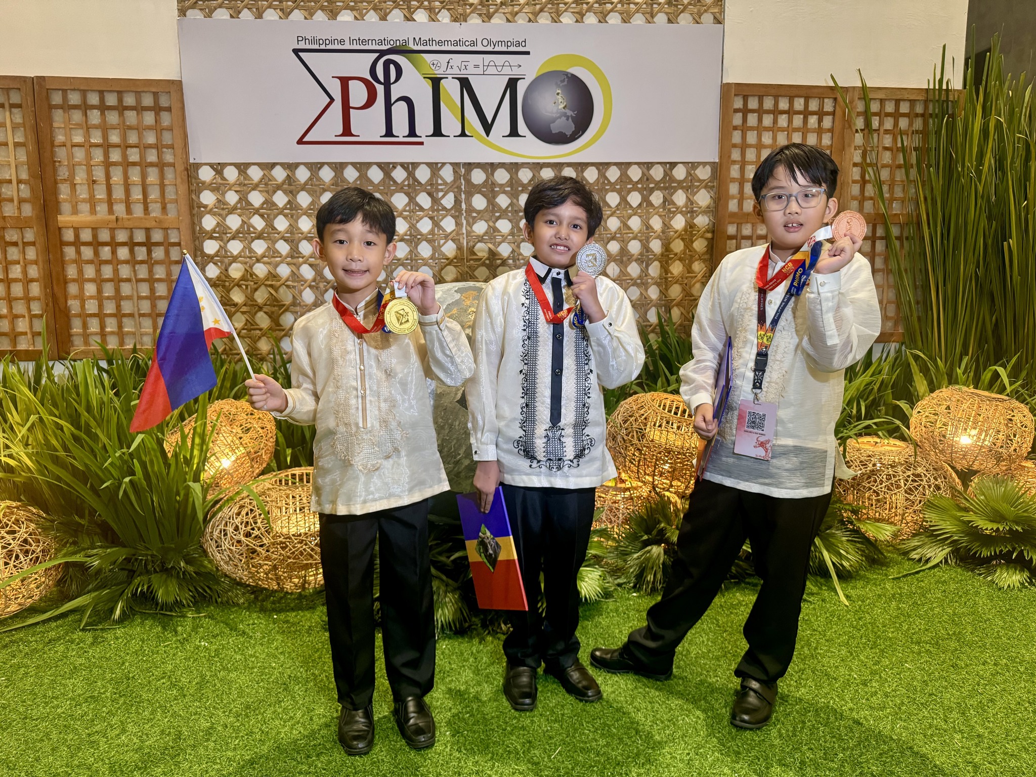 Grade 4 batchmates (from left) Kiel Co, Migo Gumawid, and Arthas Del Rosario joined the PhIMO Final Round 2024 onsite and won gold, silver, and bronze, respectively.