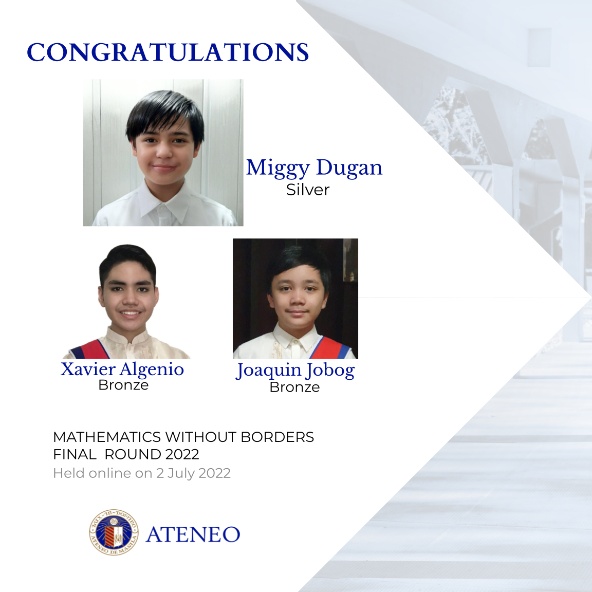 Miggy Dugan, Xavier Algenio, and Joaquin Jobog are MWB Final Round 2022 medal awardees