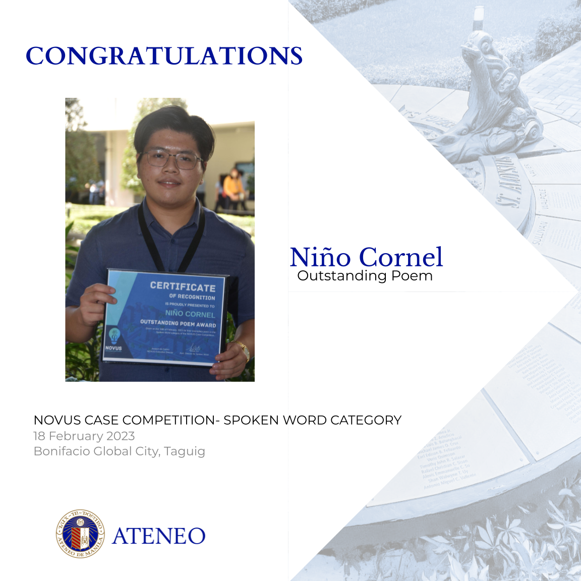 Niño Cornel, winner of NOVUS' Outstanding Poem award 