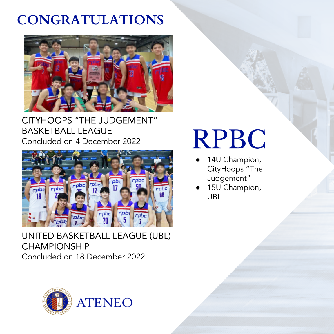 RPBC won its 9th and 10th basketball championships in December 2022. 