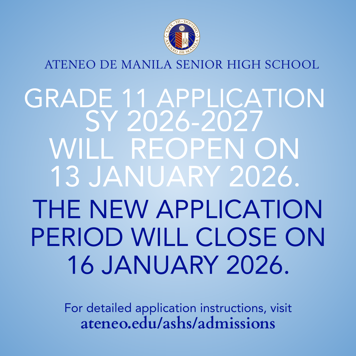 Grade 11 admissions reopen 13-16 January 2026 