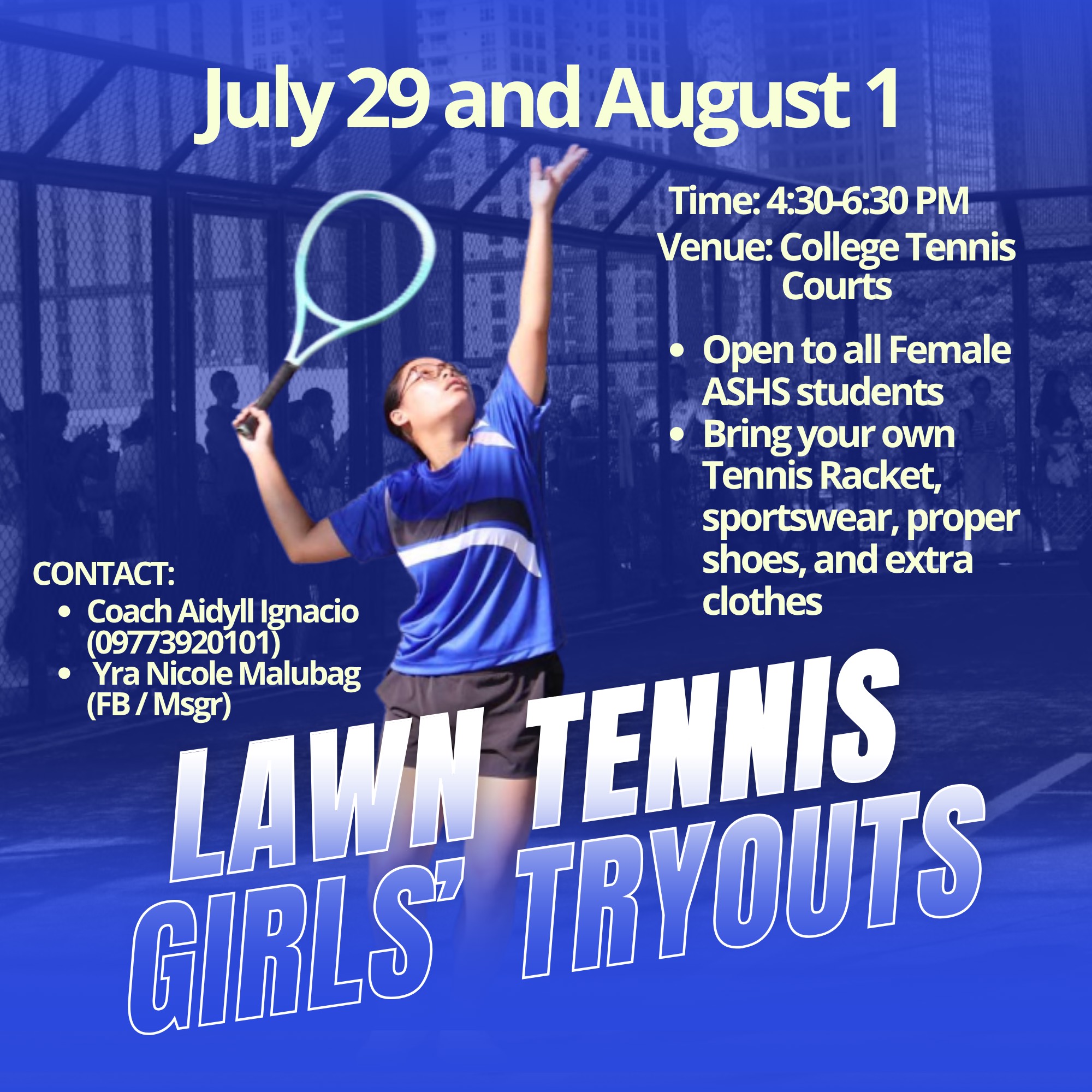 ASHS girls' lawn tennis tryouts 29 July and 1 August 2025 