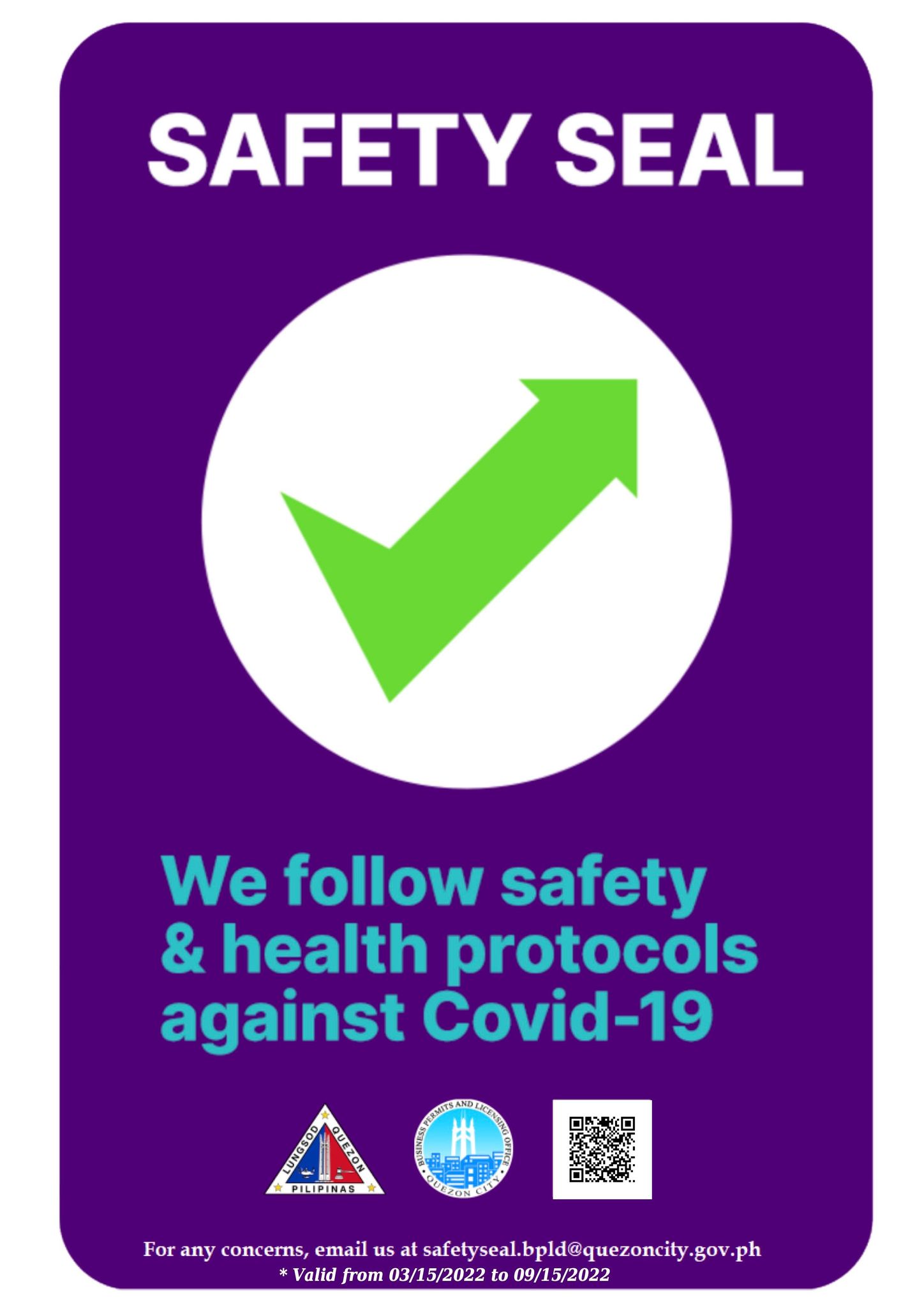 The QC Safety Seal issued to ASHS is valid from 15 March to 15 September 2022.