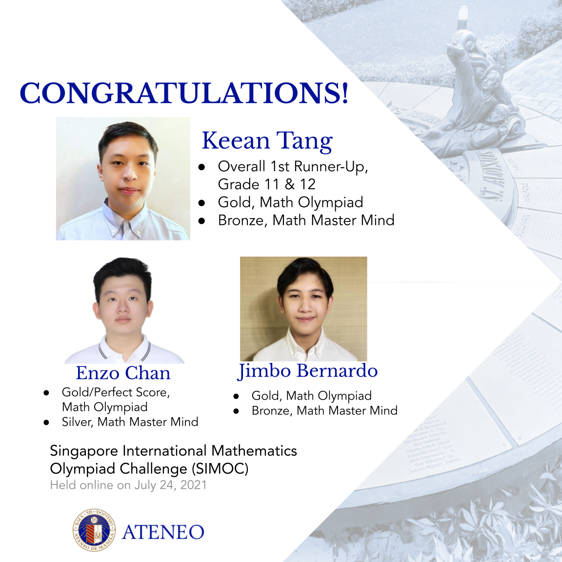 SIMOC awardees Keean Tang, Enzo Chan, Jimbo Bernardo  