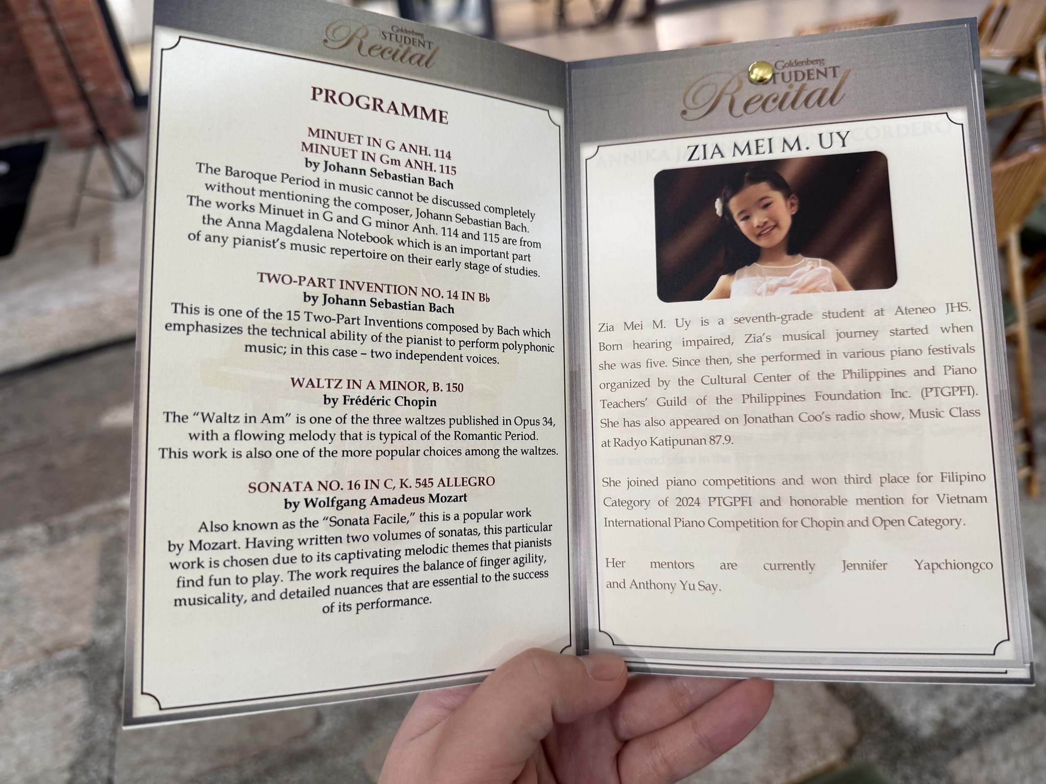 Zia Uy student recital programme Malacanang 