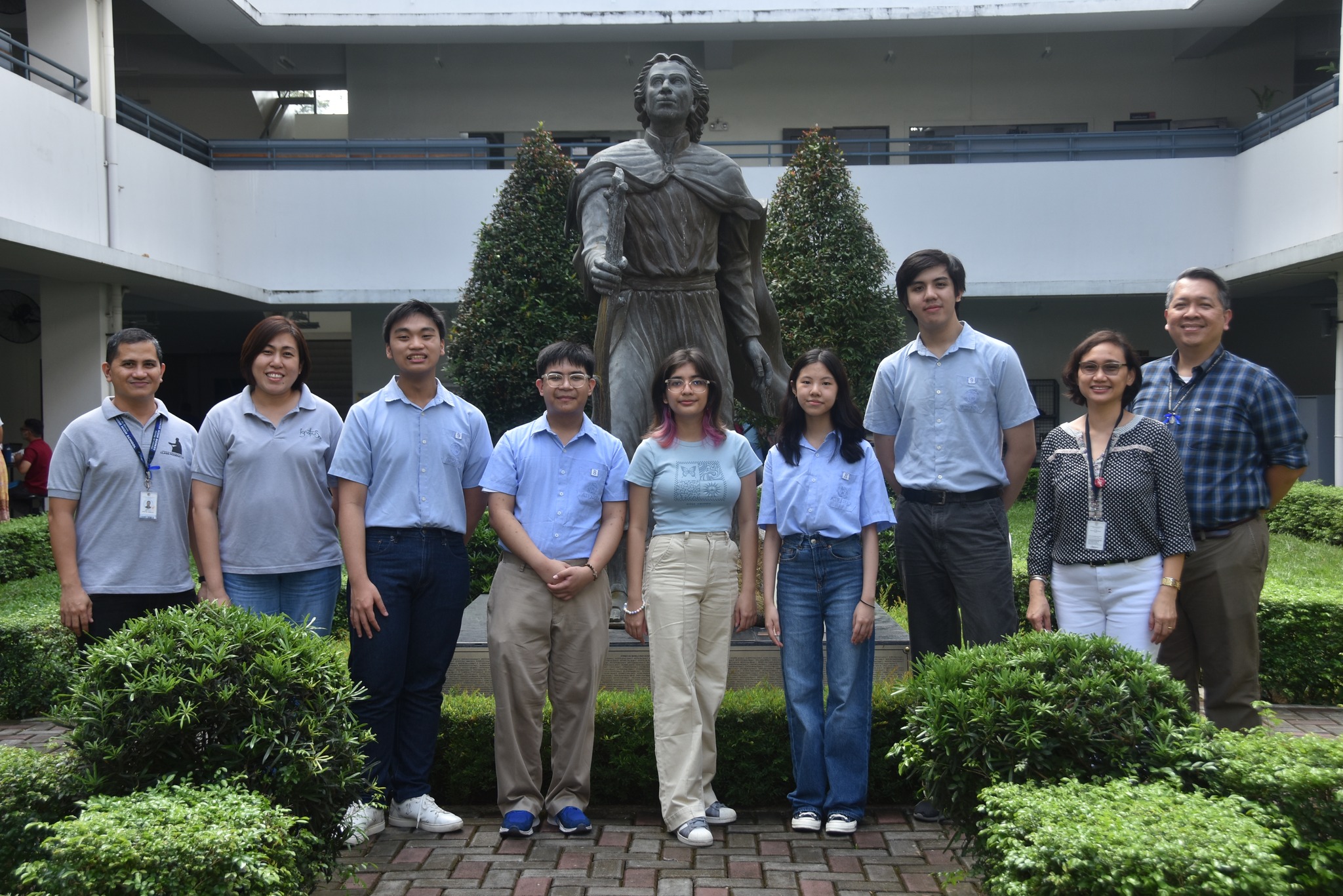 (L-R) Assistant Principal for Academics Javy Fabello, Assistant Principal for Formation Jen Concepcion, Sam Tango, Kiel Mirandilla, Kristen Reyes, Jasmin Ang, Pio Ventura, Assistant Principal for Administration Czel Lacson, Principal Noel Miranda    