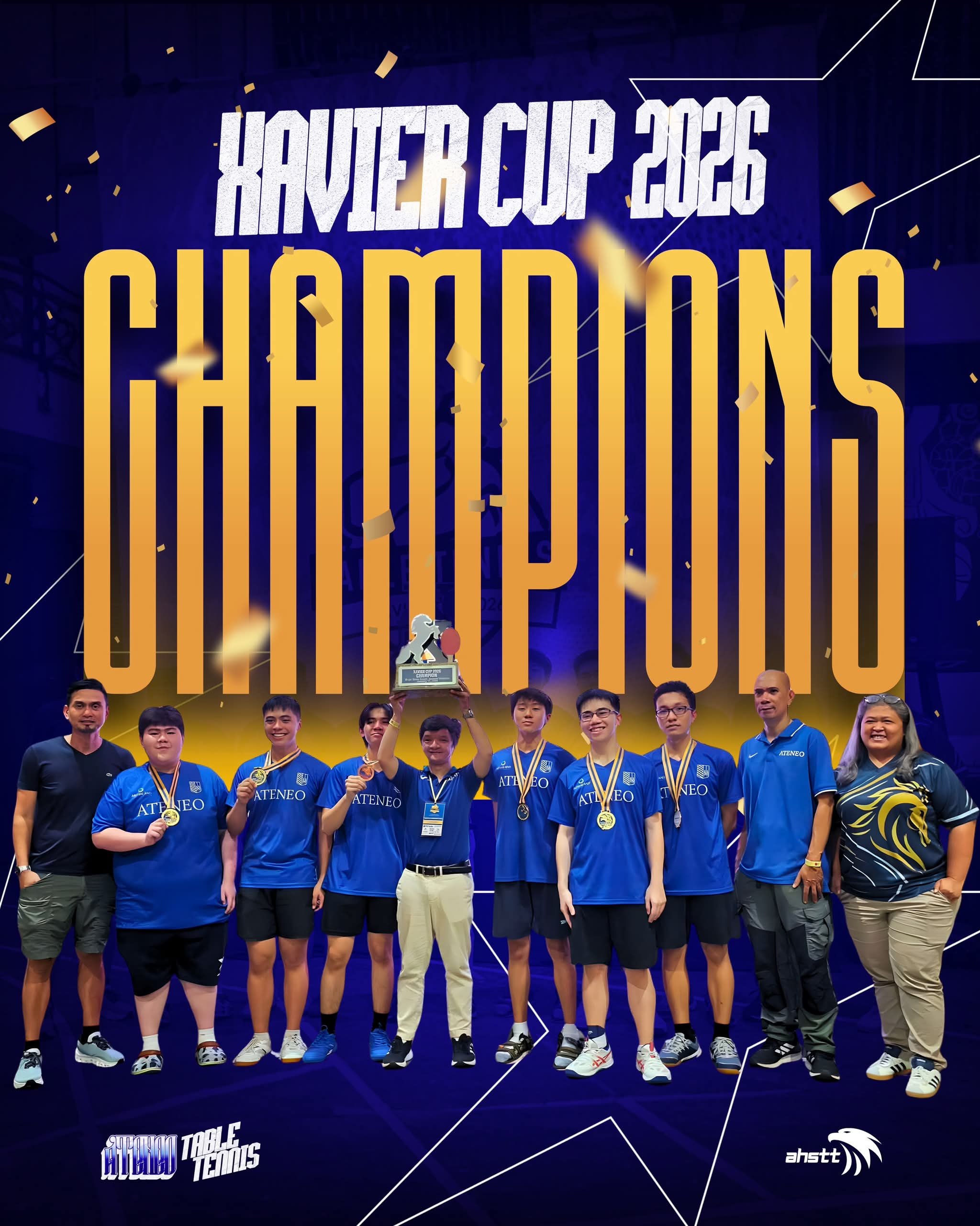 (L-R) Chito Pachica, Alessandro Chan, Timothy Pachica, Matthew Basco, Coach Mihali Crisostomo, Gareth Arcedera, Reily Yap, Rajel Quiming, Coach Leo Raymundo, Xavier Official