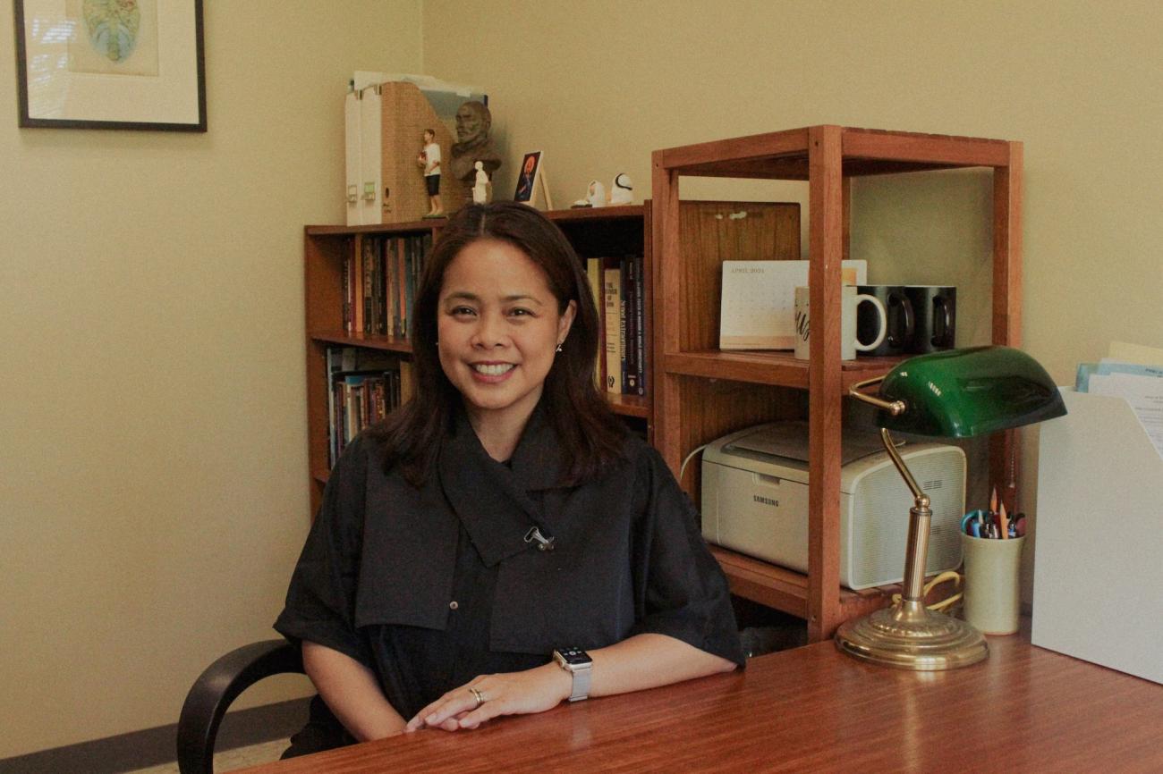 Patricia P Lambino in her office at Dela Costa Hall