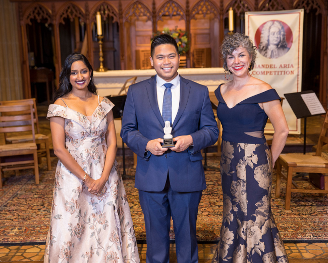 Winners of the 8th Handel Aria Competition, from L-R:  Maya Kherani (third prize), Kyle Tingzon (first prize), and Sophie Michaux (second prize). 
