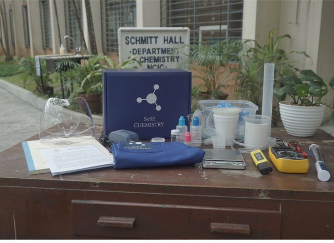 A typical SoSE Chemistry Lab@Home Kit would have a digital balance, thermometer, pH meter, digital multimeter, reagent bottles and containers for the chemical reactions and a slew of other items designed by the professors of the Ateneo, some are offshoots of their own research such as the colorimetric moisture-sensitive strips.