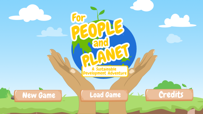 A video game main menu that says "For People and Planet: A Sustainable Development Adventure"