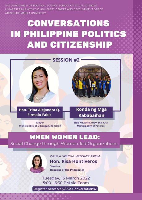 This poster shows the Conversations in PH Politics and Citizenship - Session 2 Details